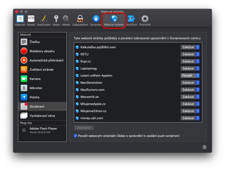 website notifications settings