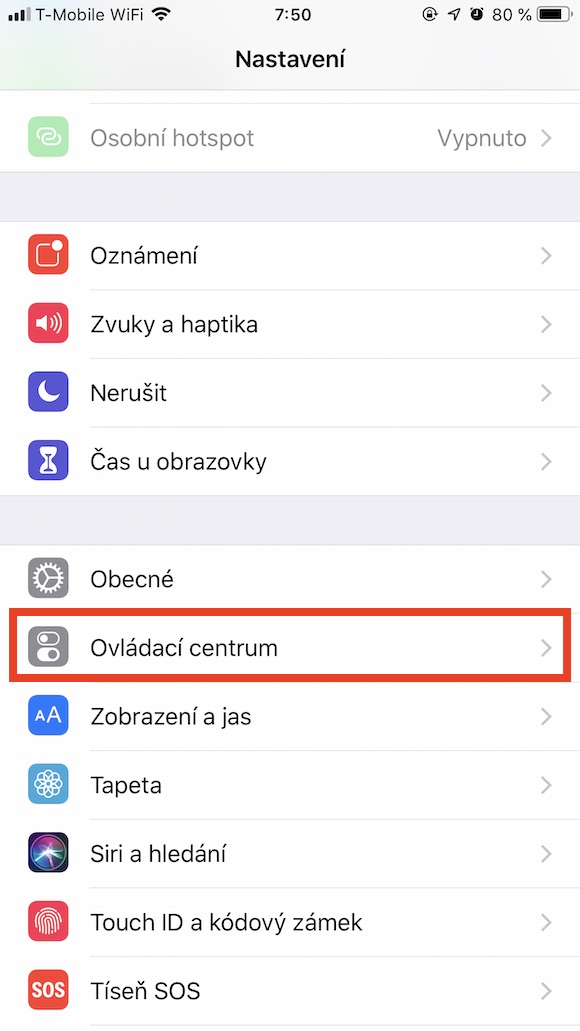 iOS Nastaveni Ovladaci centrum