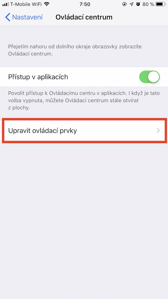 iOS Nastaveni UPravit ovladaci prvky