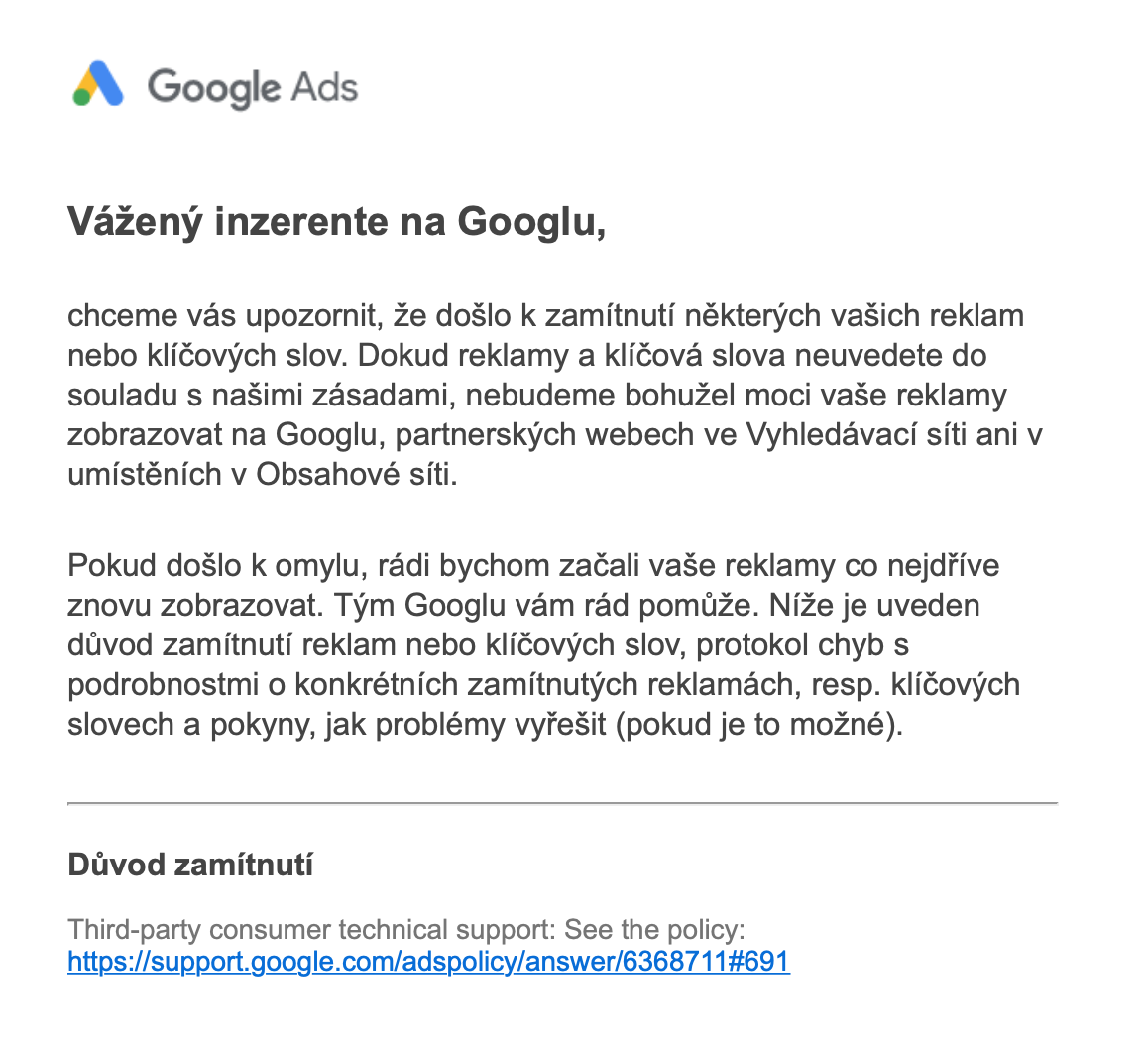 google ads rejection notice