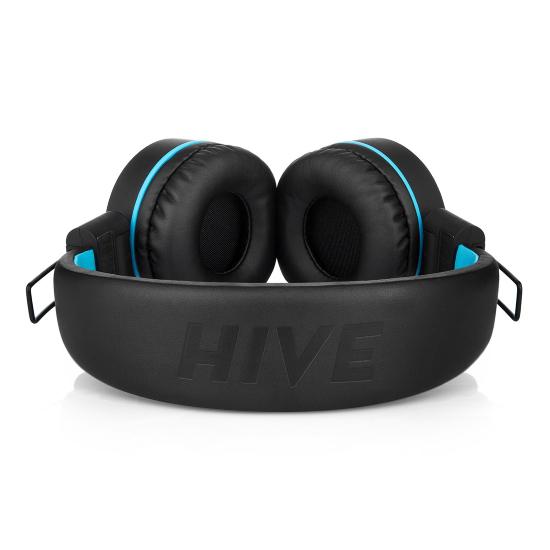 black blue headphones back view