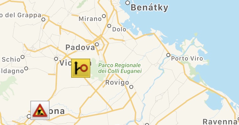 Screenshot z aplikace pro italske silnice