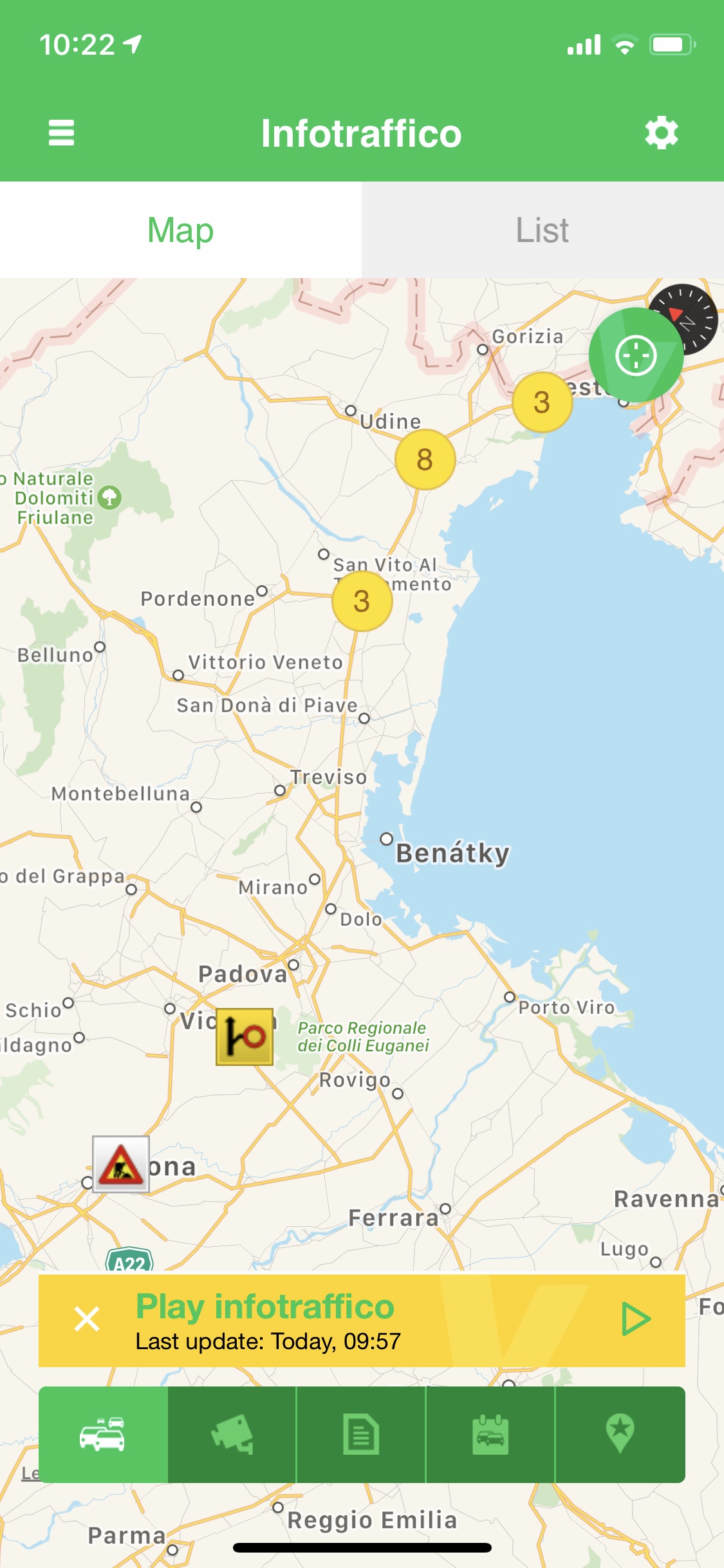 Screenshot z aplikace pro italske silnice