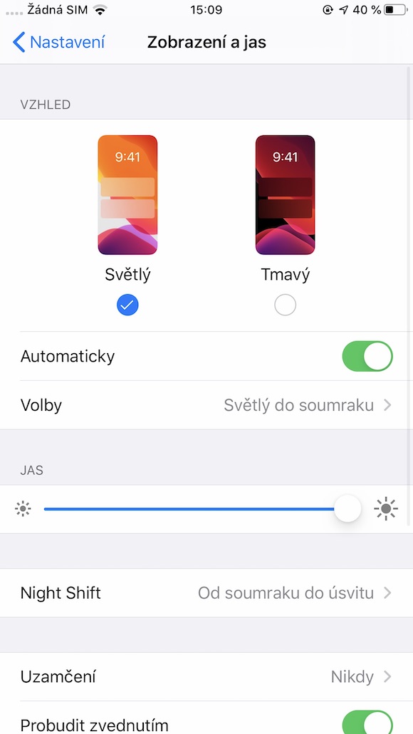 iOS 13 Tmavy rezim v Nastaveni