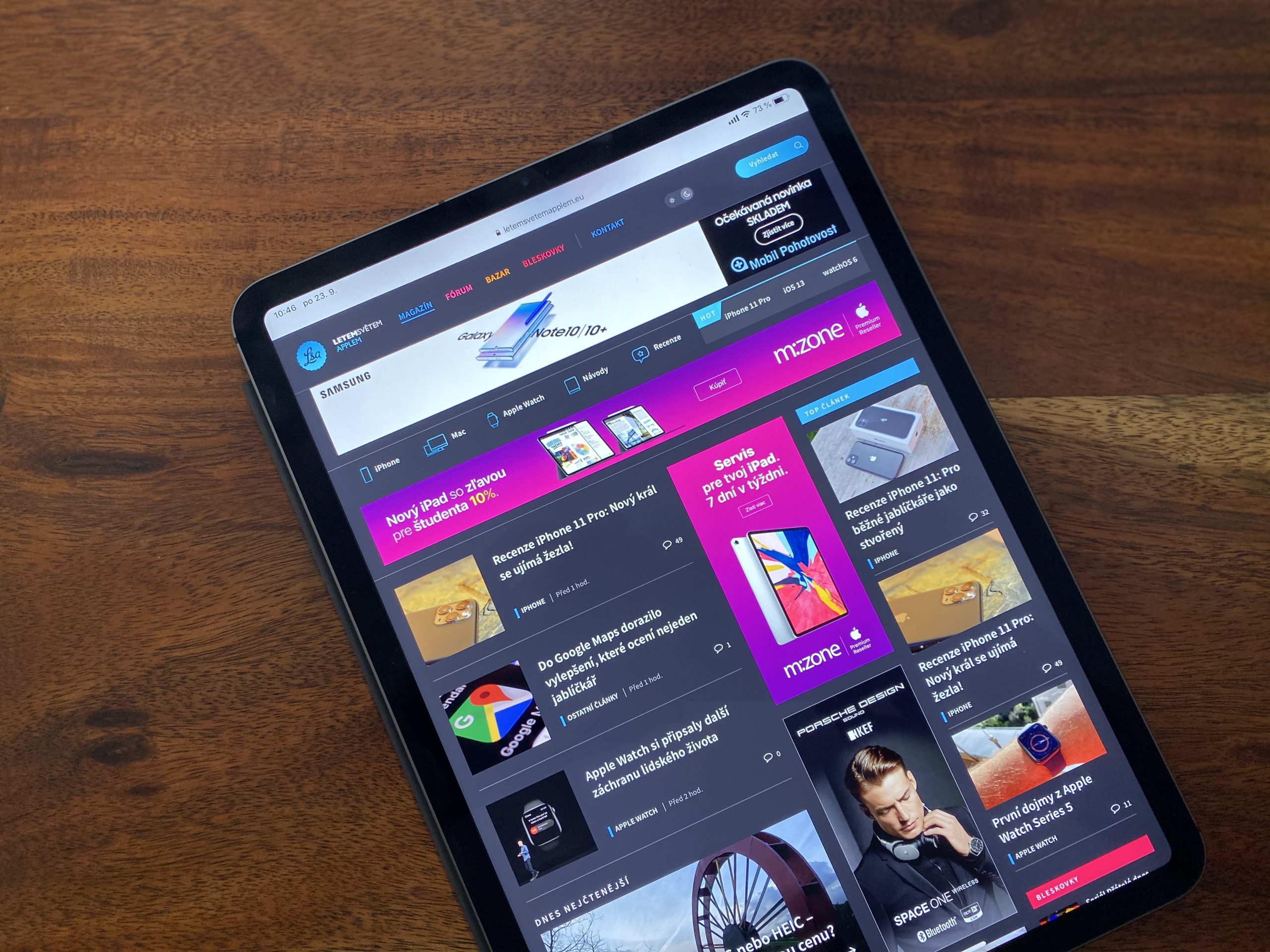 tablet on wooden table