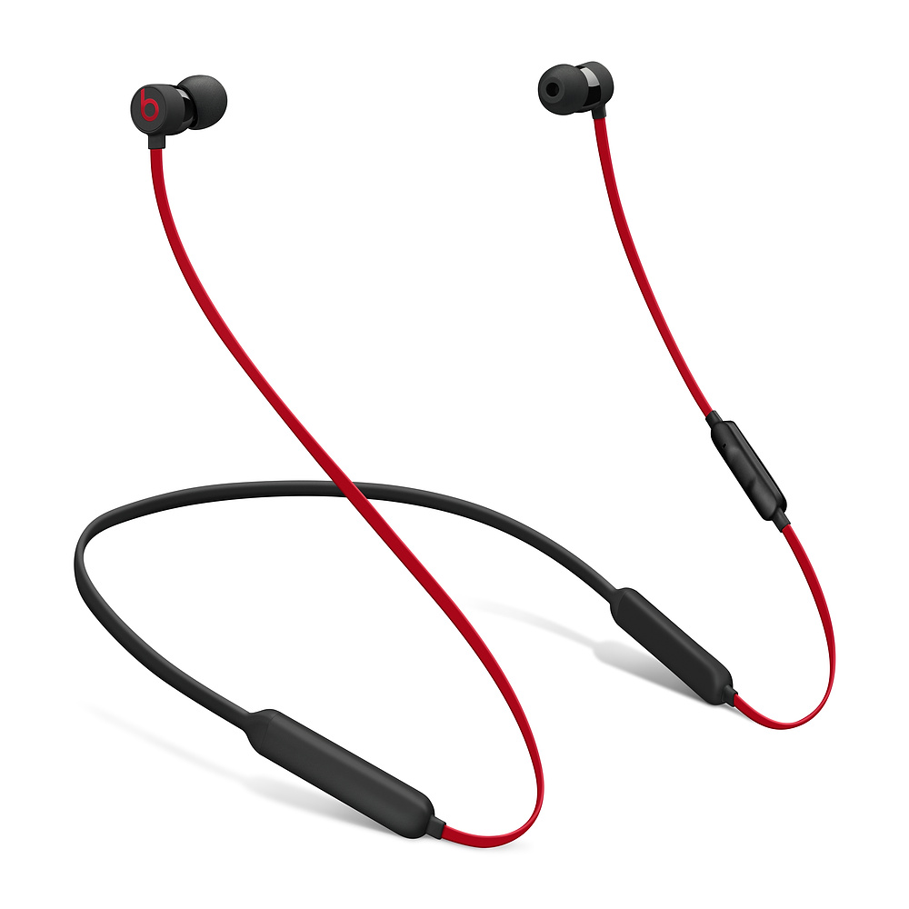red wireless earbuds side view
