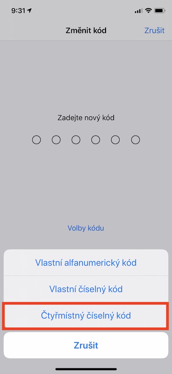 ctyrmistny_kod_iphone2 nastavení čtyřmístného číselného kódu