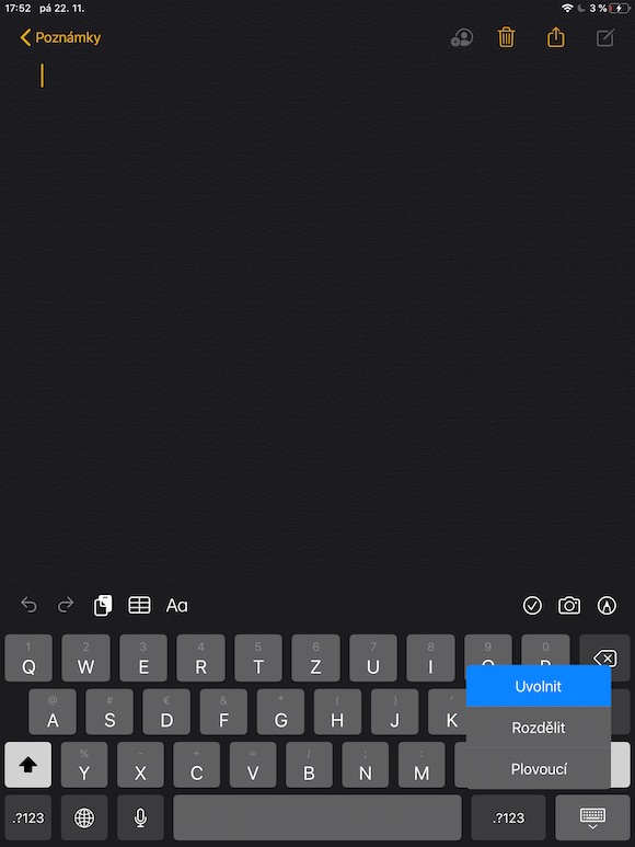 iPadOS Klavesnice uvolnit