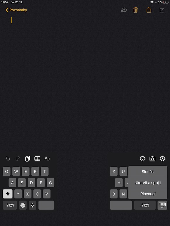 iPadOS rozdelena klavesnice
