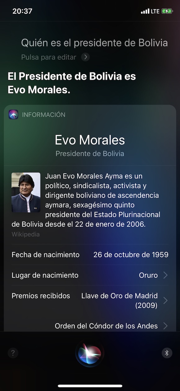 siri query president of bolivia