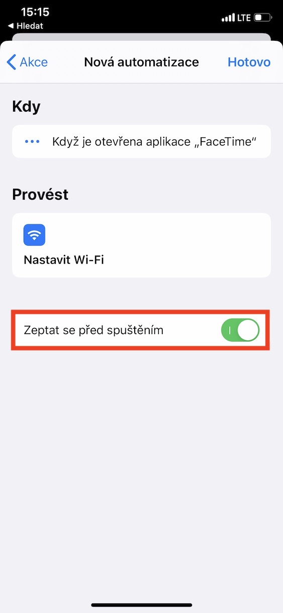 automatizace_facetime_wifi13 vytvoření automatizace při zapnutí facetime vypnout wifi