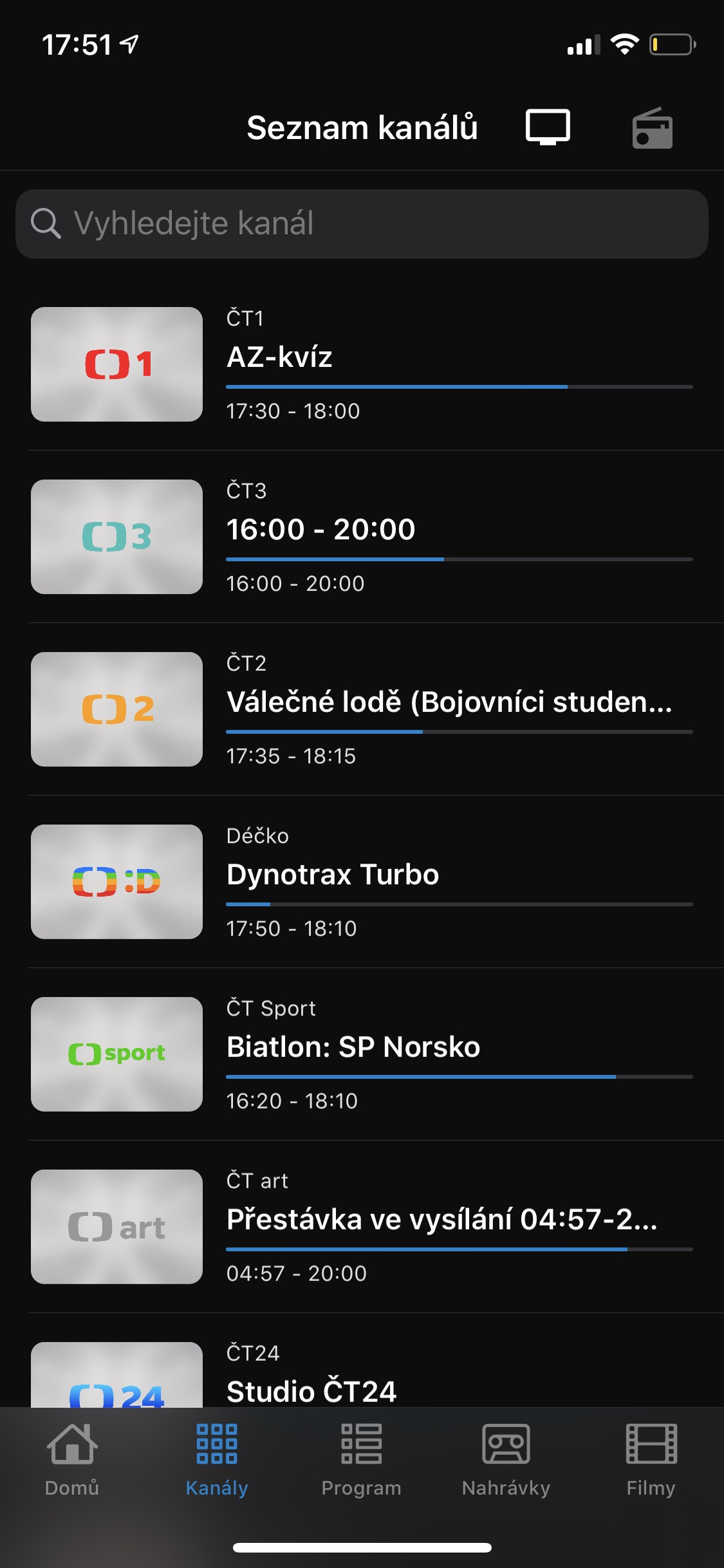 Screenshoty aplikace Sledování TV z iPhonu