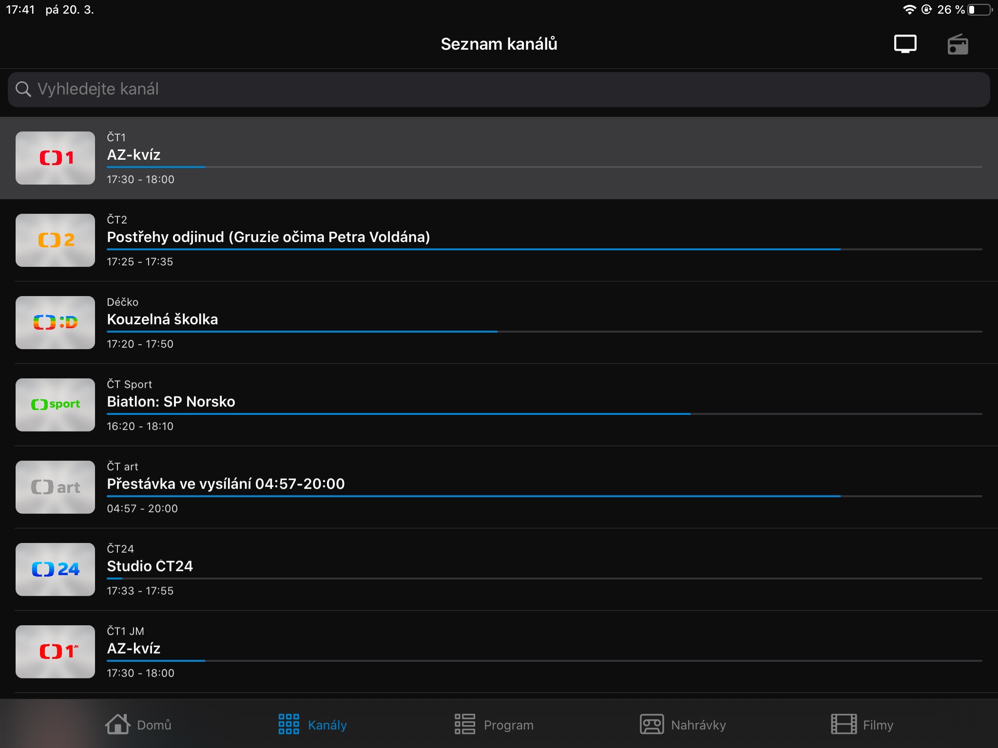 Screenshot z aplikace Sledování TV na iPadu