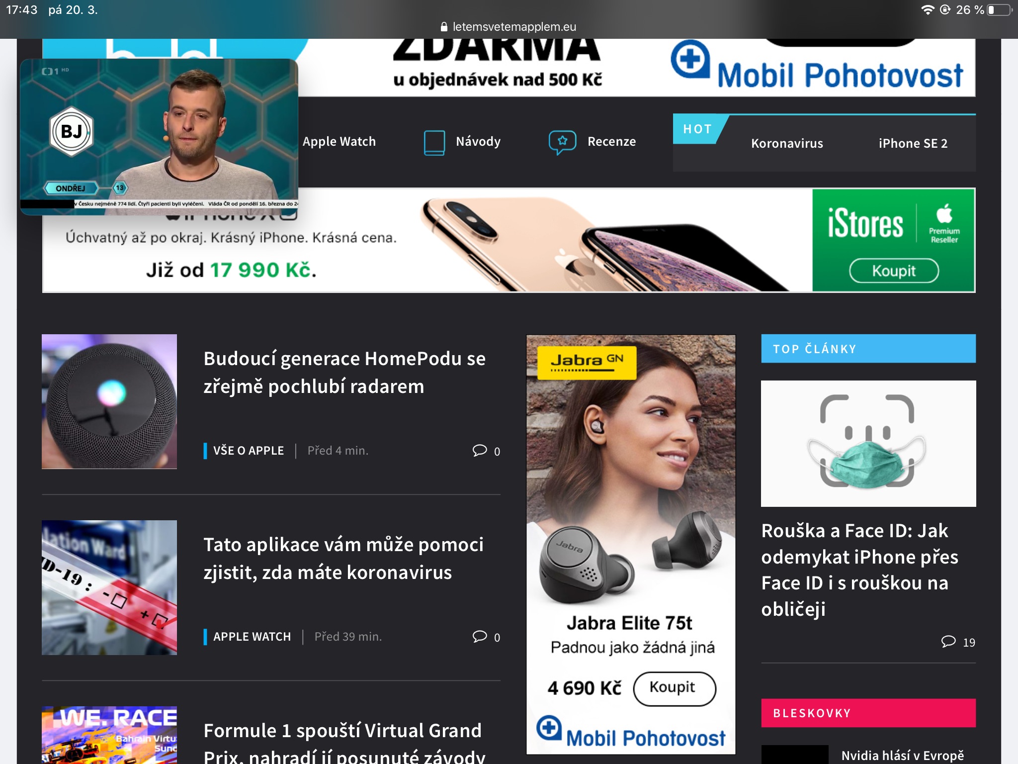 Screenshot z aplikace Sledování TV na iPadu