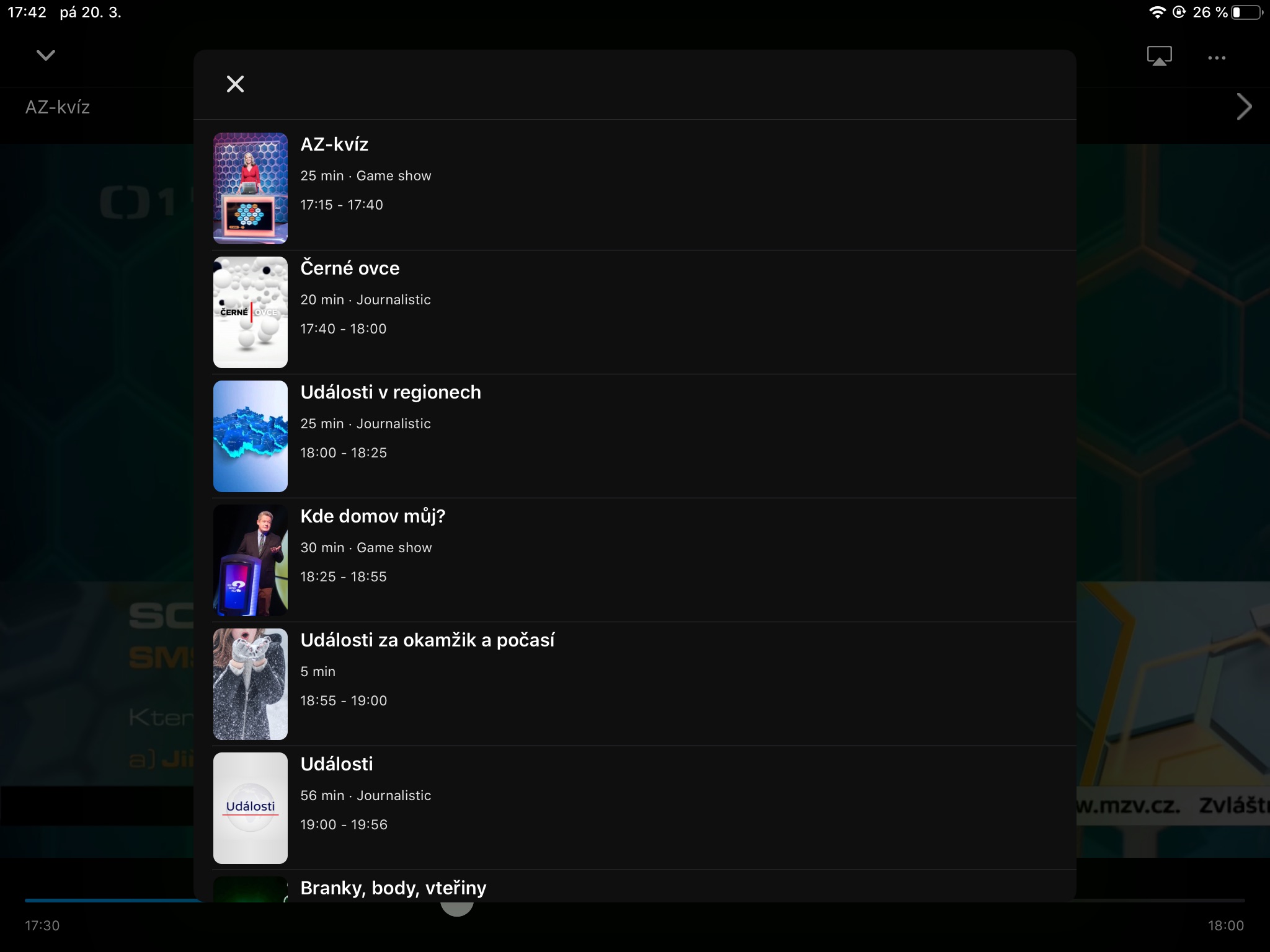 Screenshot z aplikace Sledování TV na iPadu