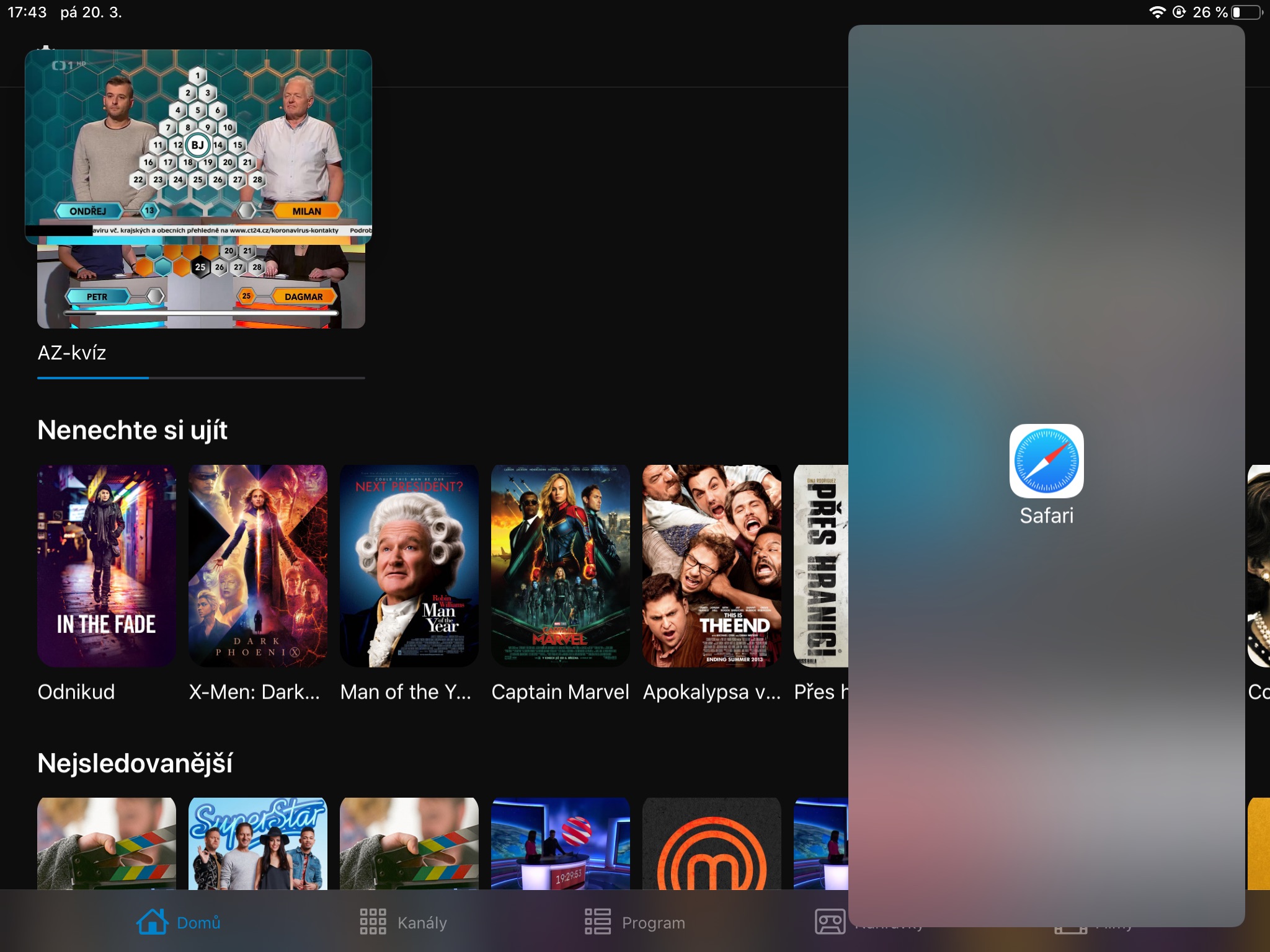 Screenshot z aplikace Sledování TV na iPadu