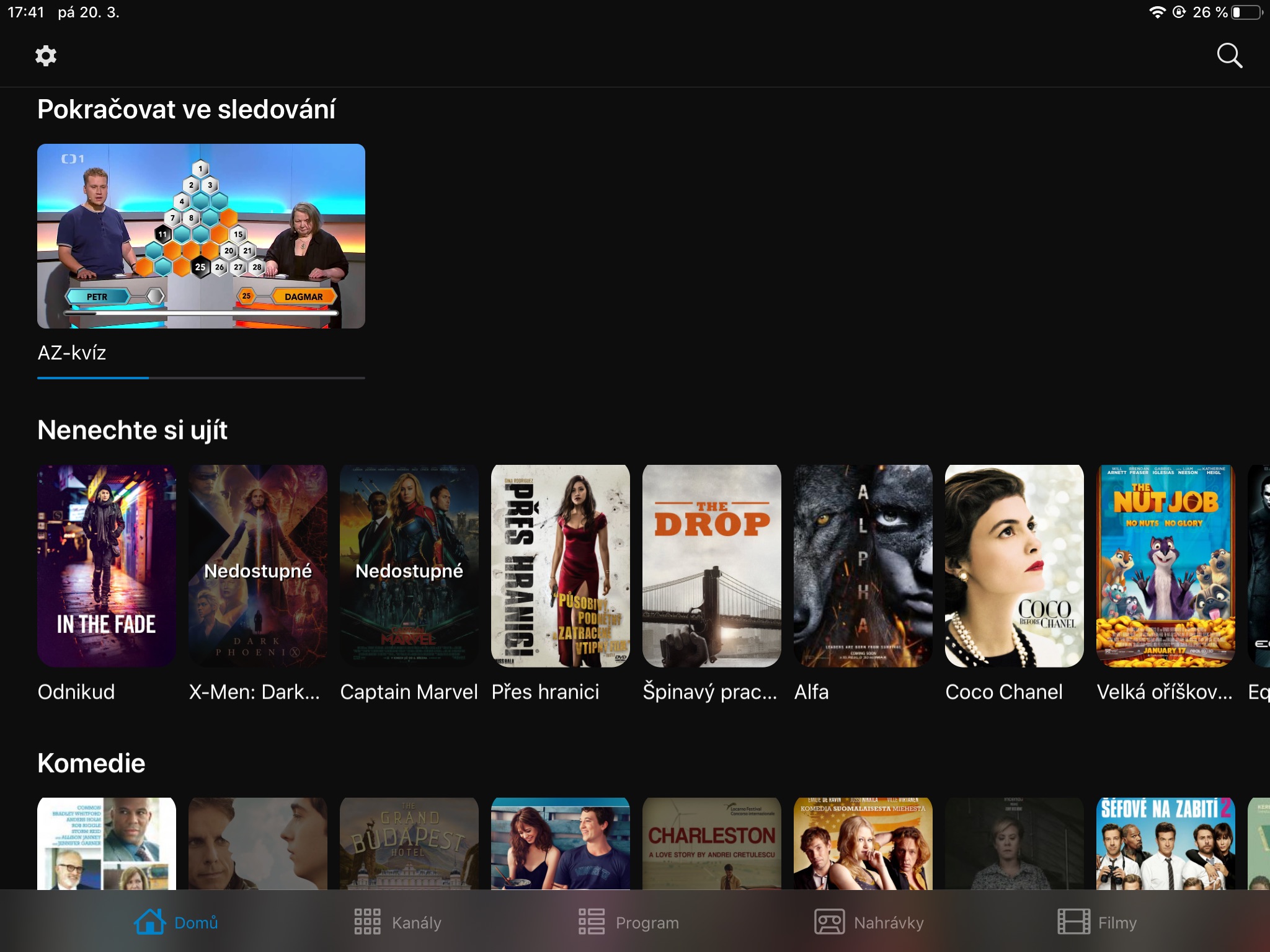Screenshot z aplikace Sledování TV na iPadu