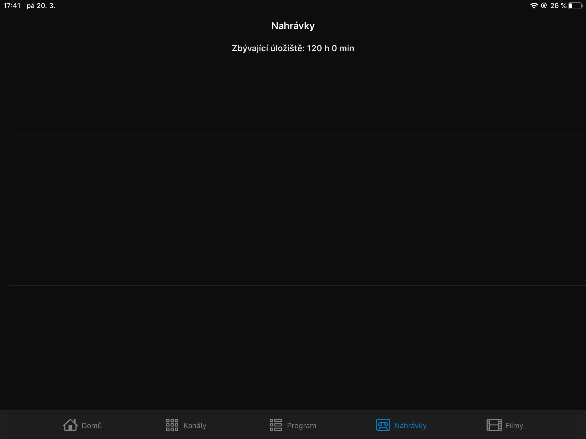 Screenshot z aplikace Sledování TV na iPadu