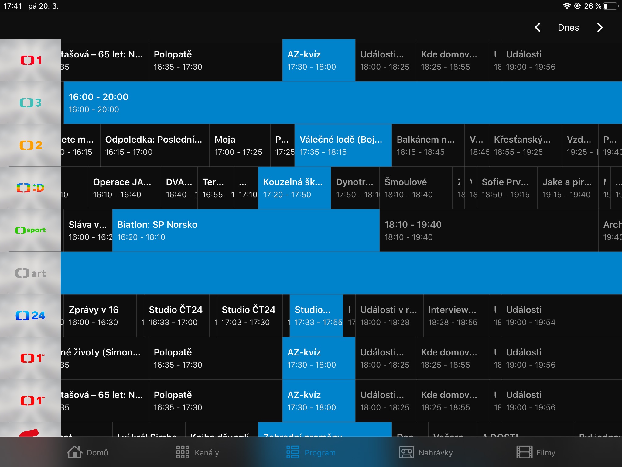 Screenshot z aplikace Sledování TV na iPadu
