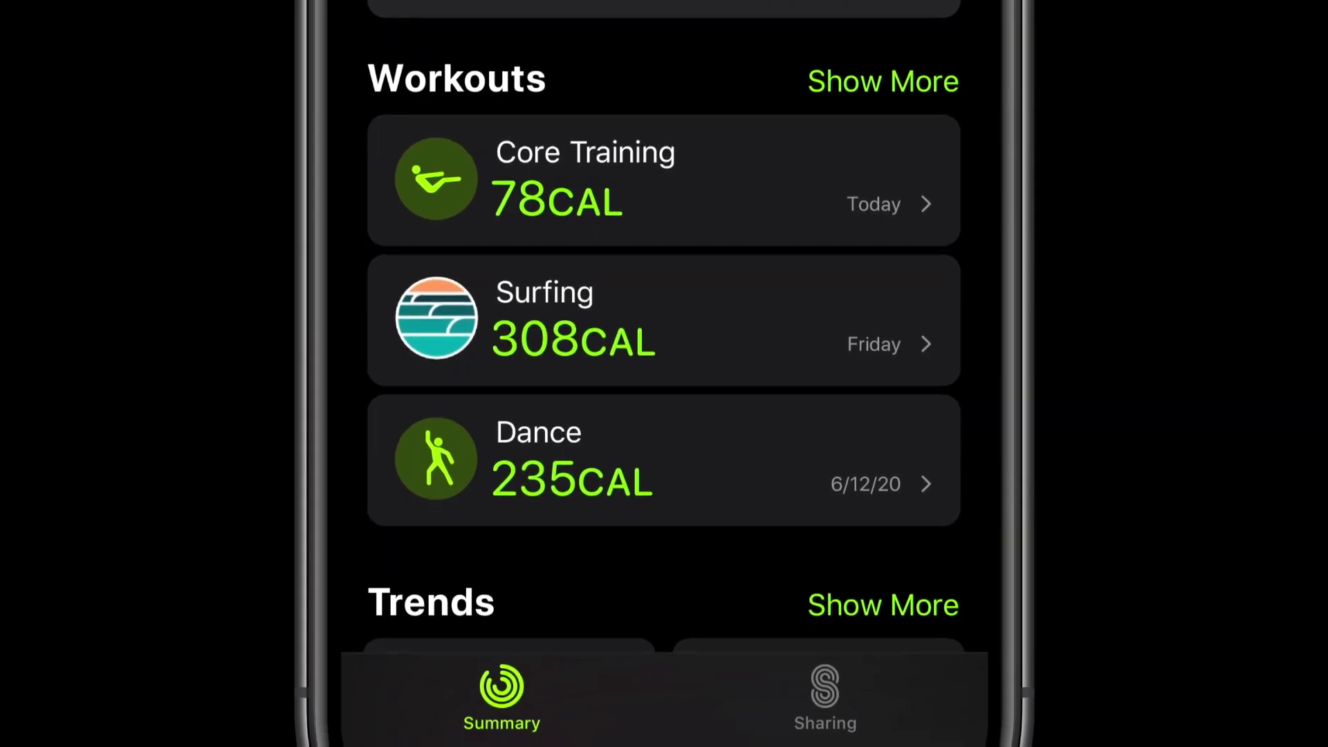 workouts summary closeup