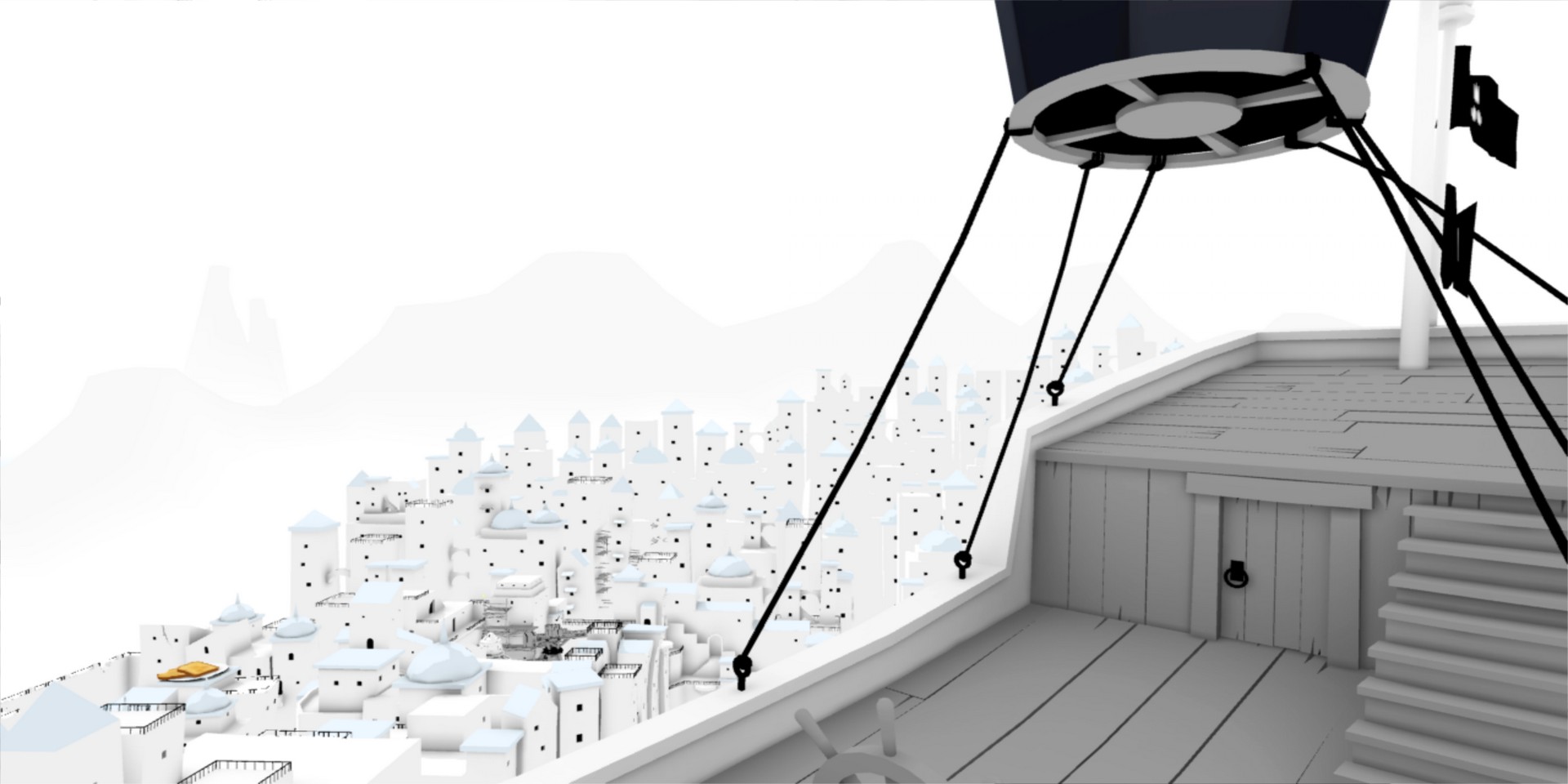 monochrome cityscape from ship