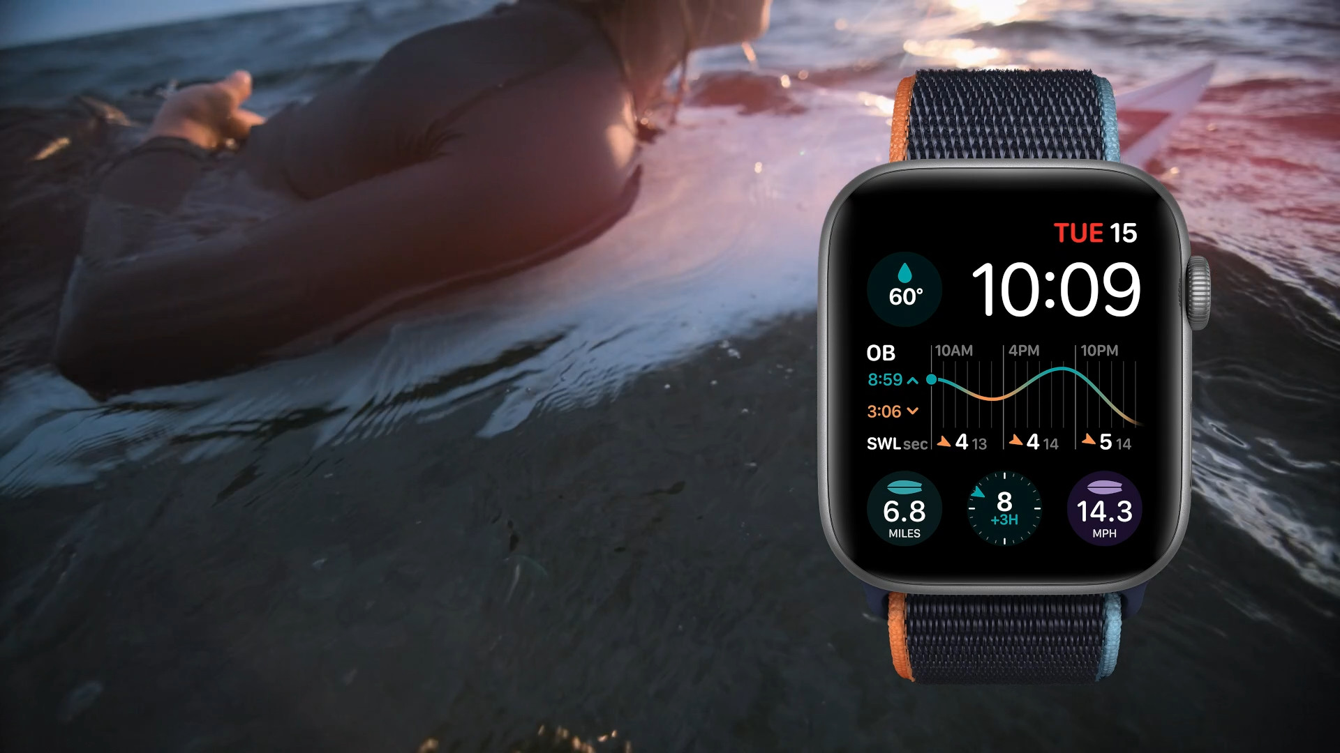 smartwatch on surfer background
