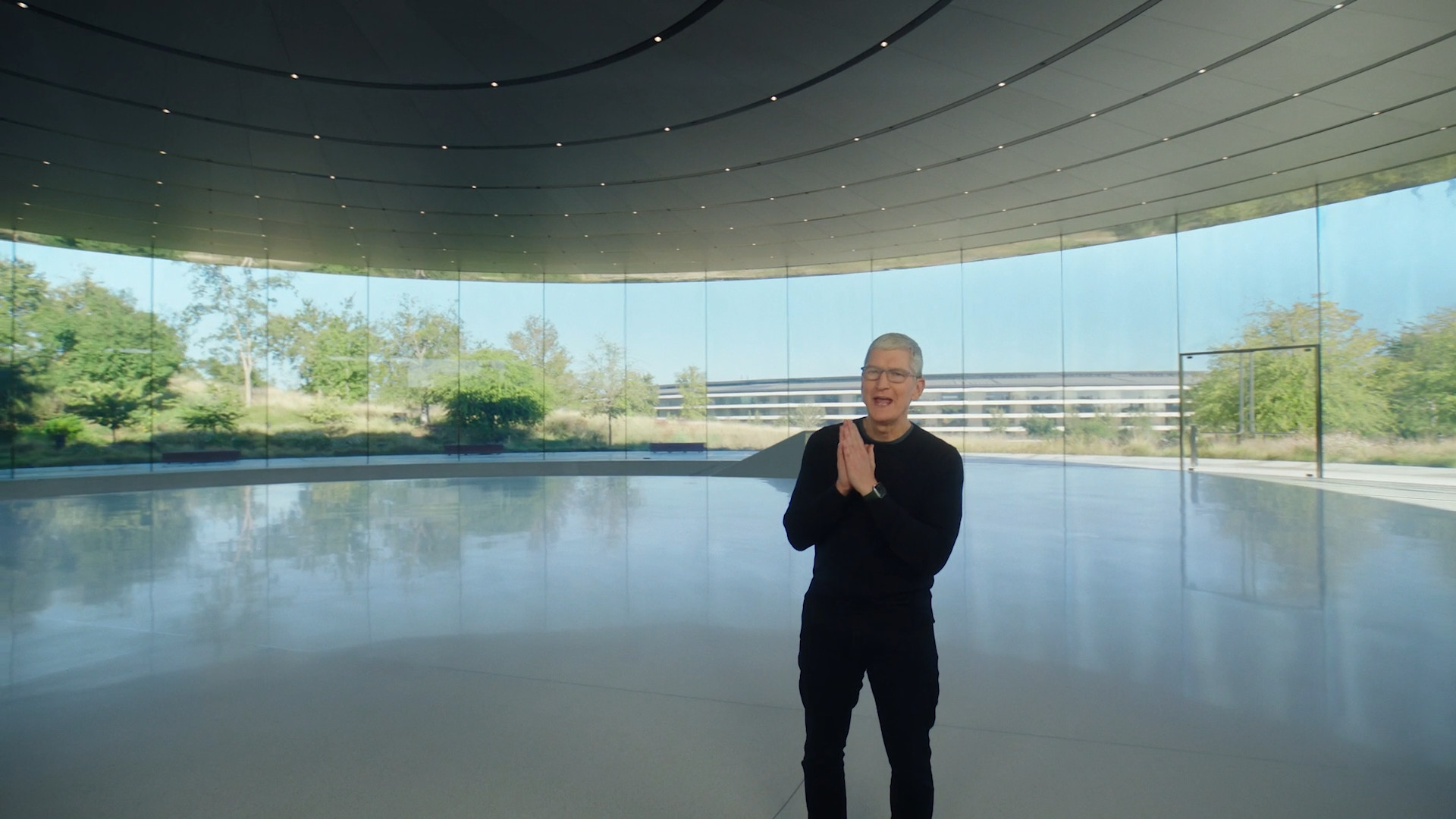 person in glass building