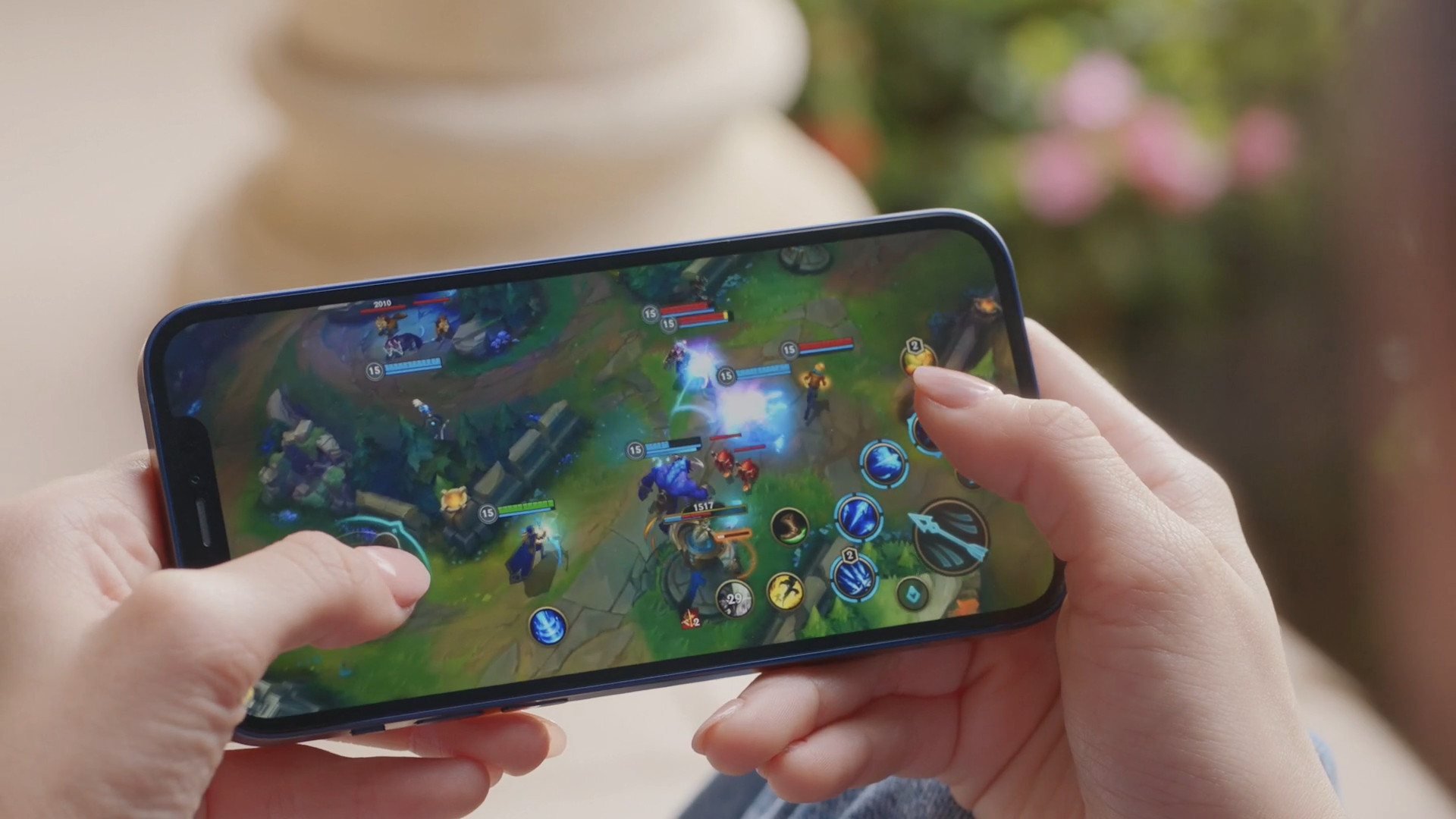 playing mobile game closeup