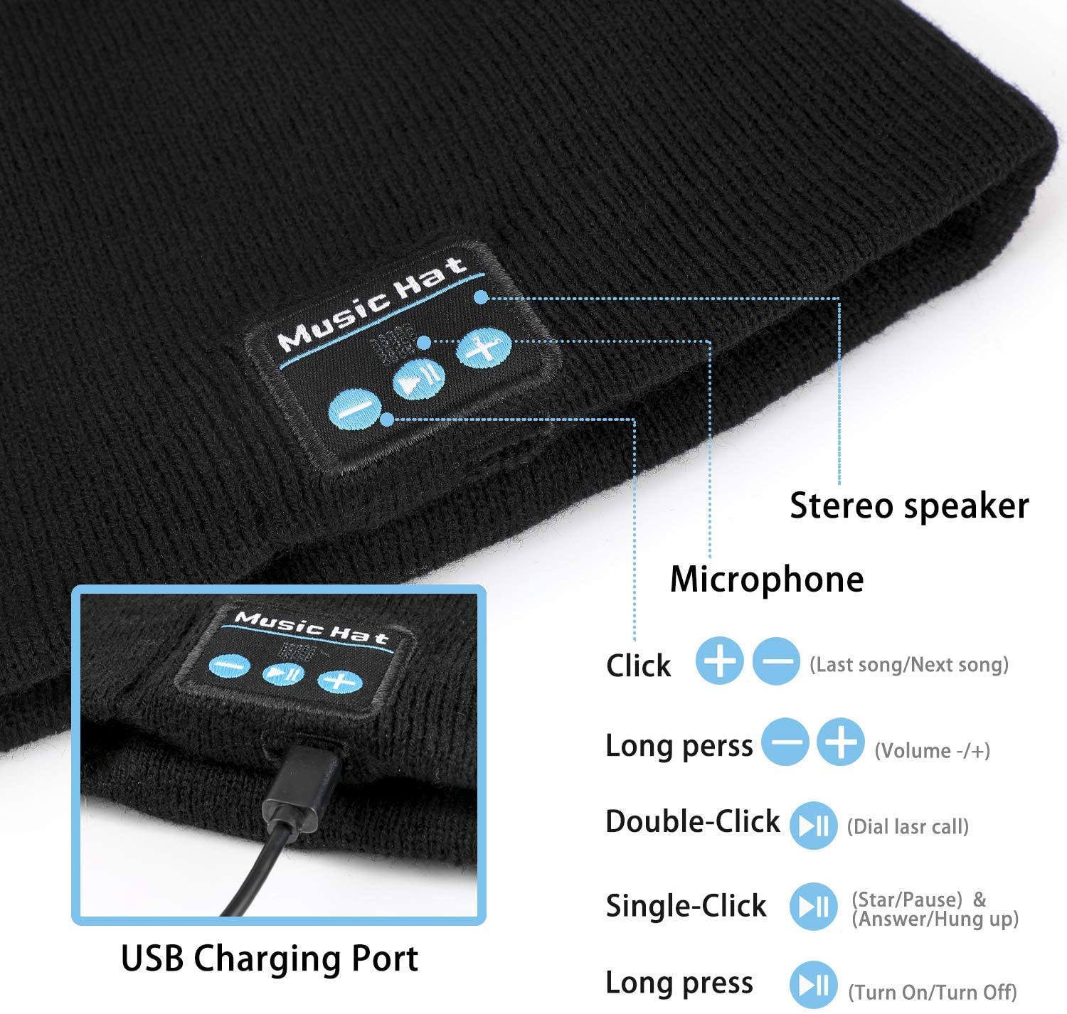 black music hat with controls