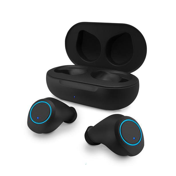 black wireless earbuds and case