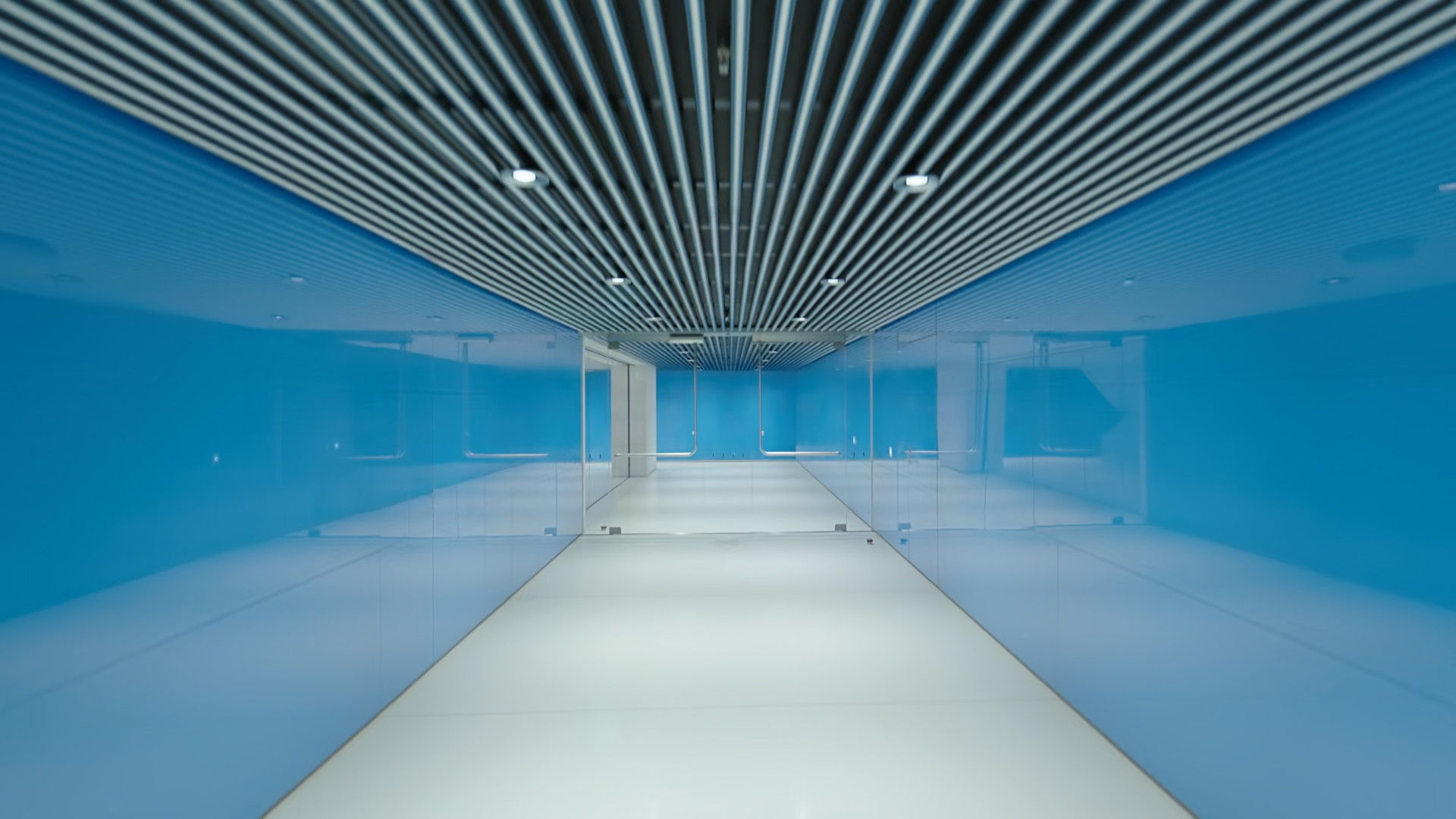 blue hallway with striped ceiling