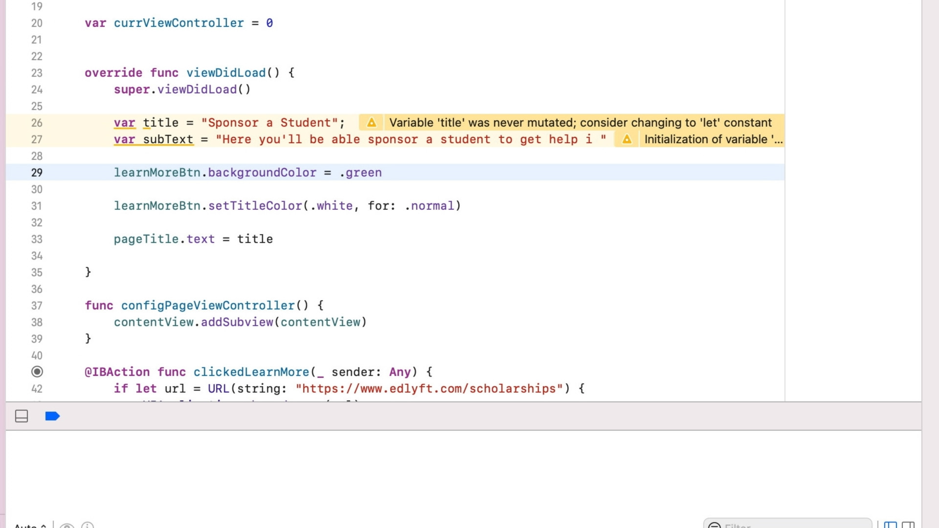 code editor with warning