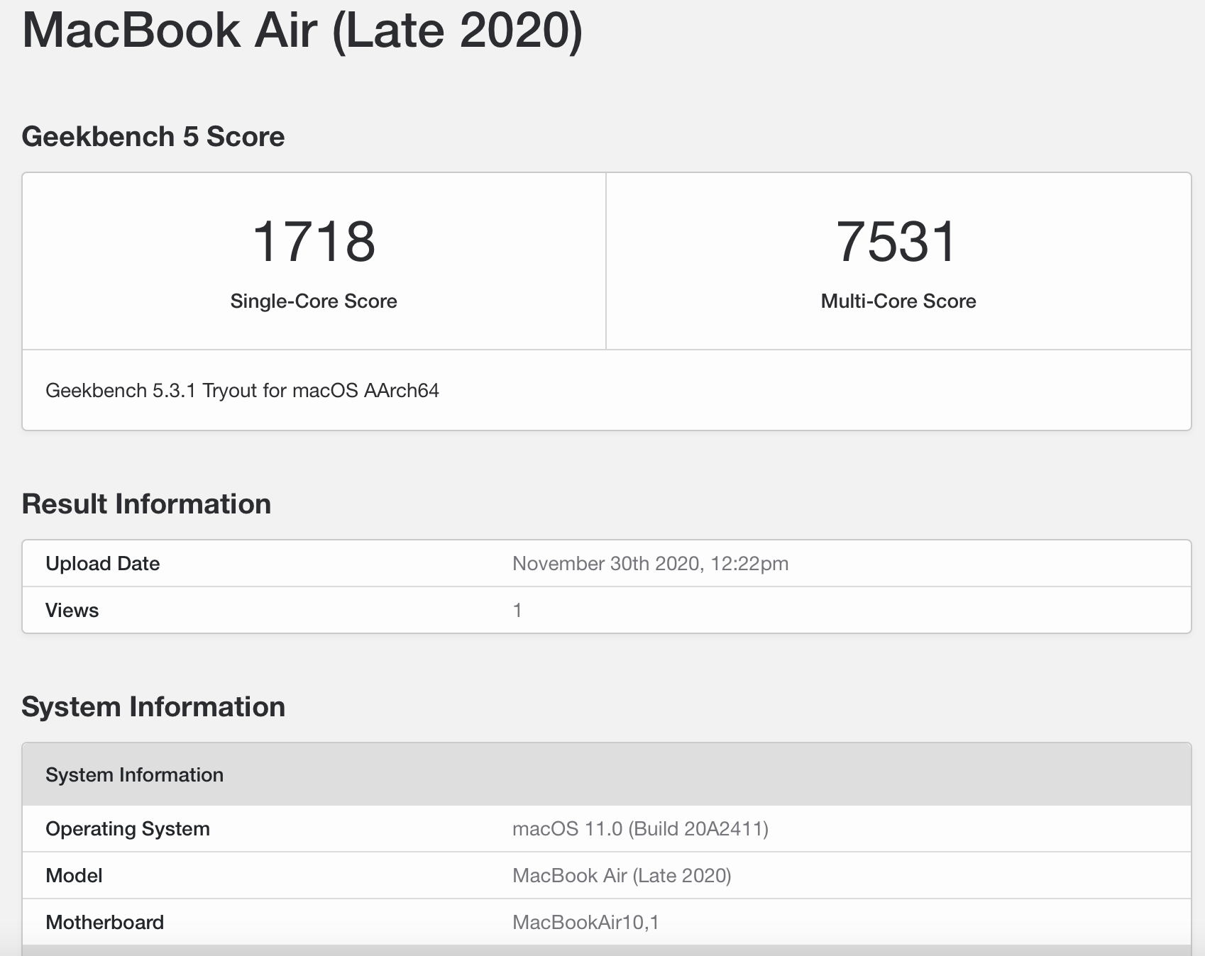 MacBook Air M1 geekbench