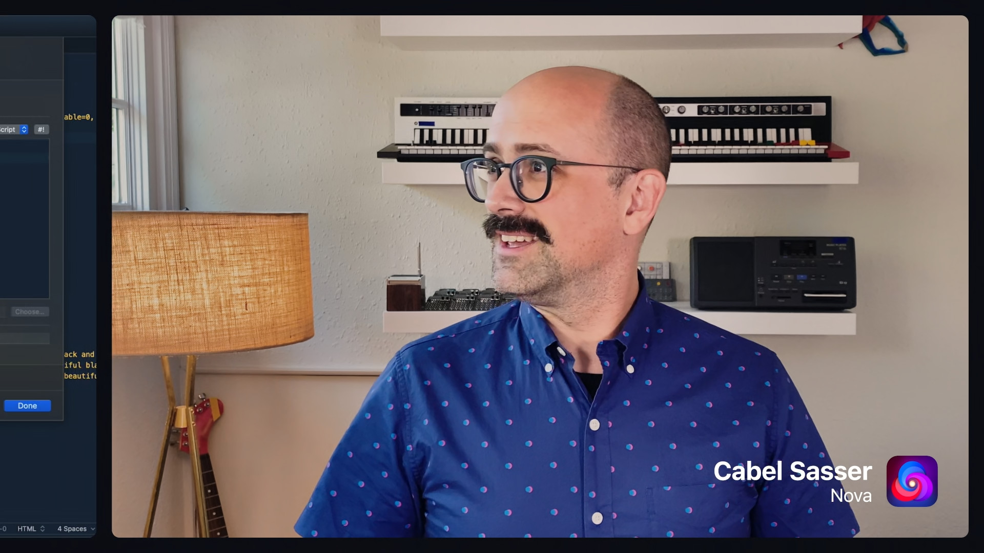 man in blue shirt with lamp