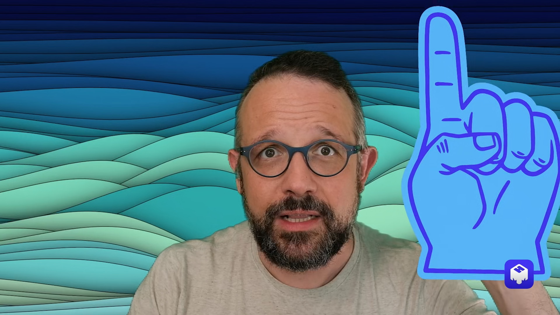 man with blue hand graphic