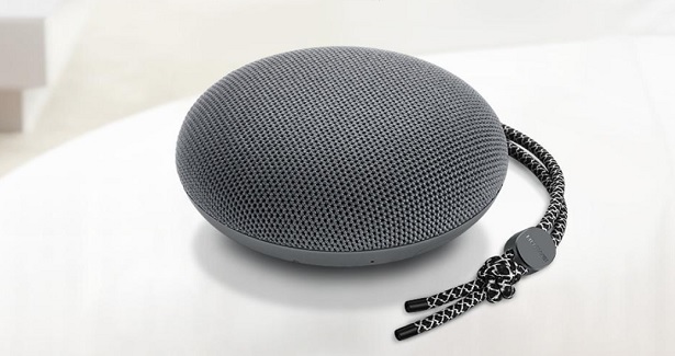 portable grey speaker with strap