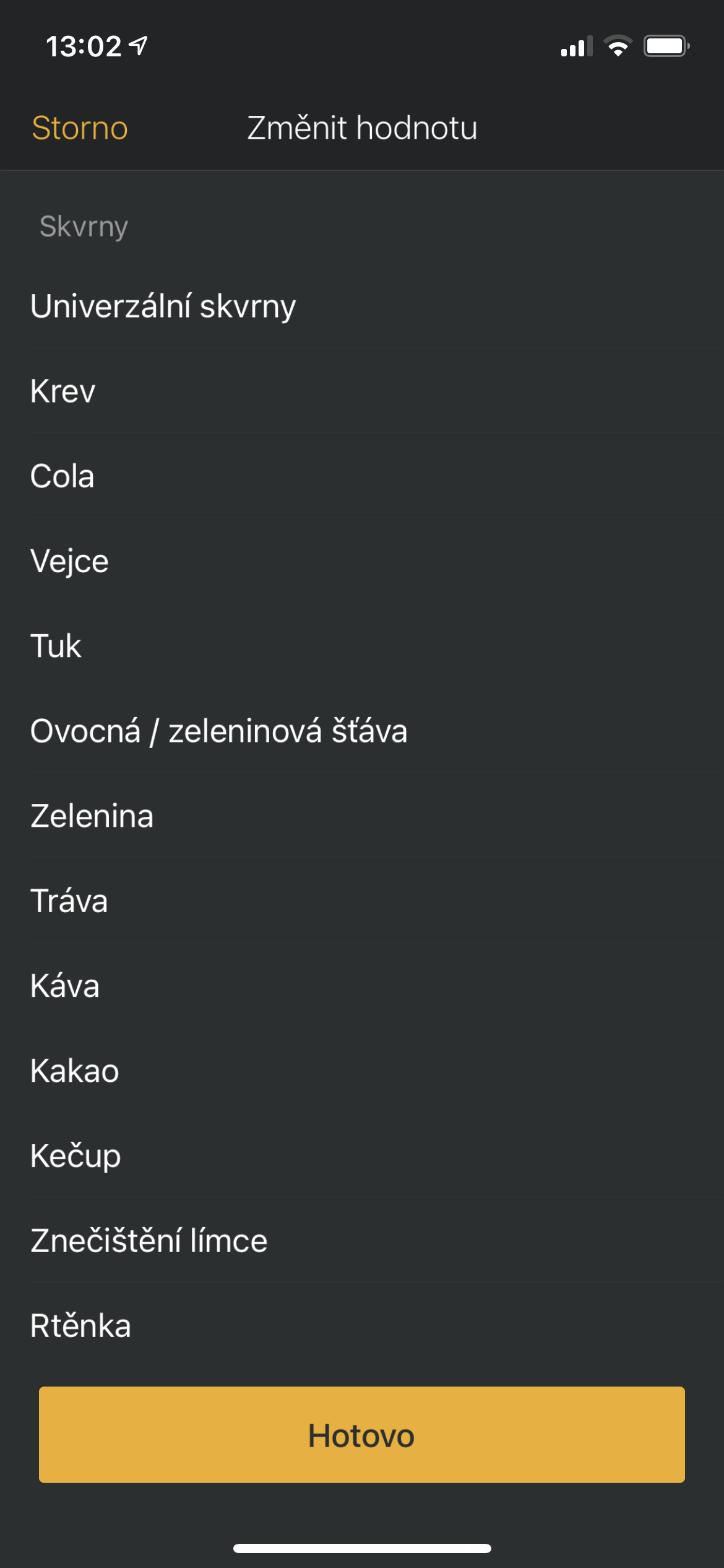stain removal options screen