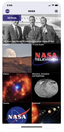 nasa app homepage
