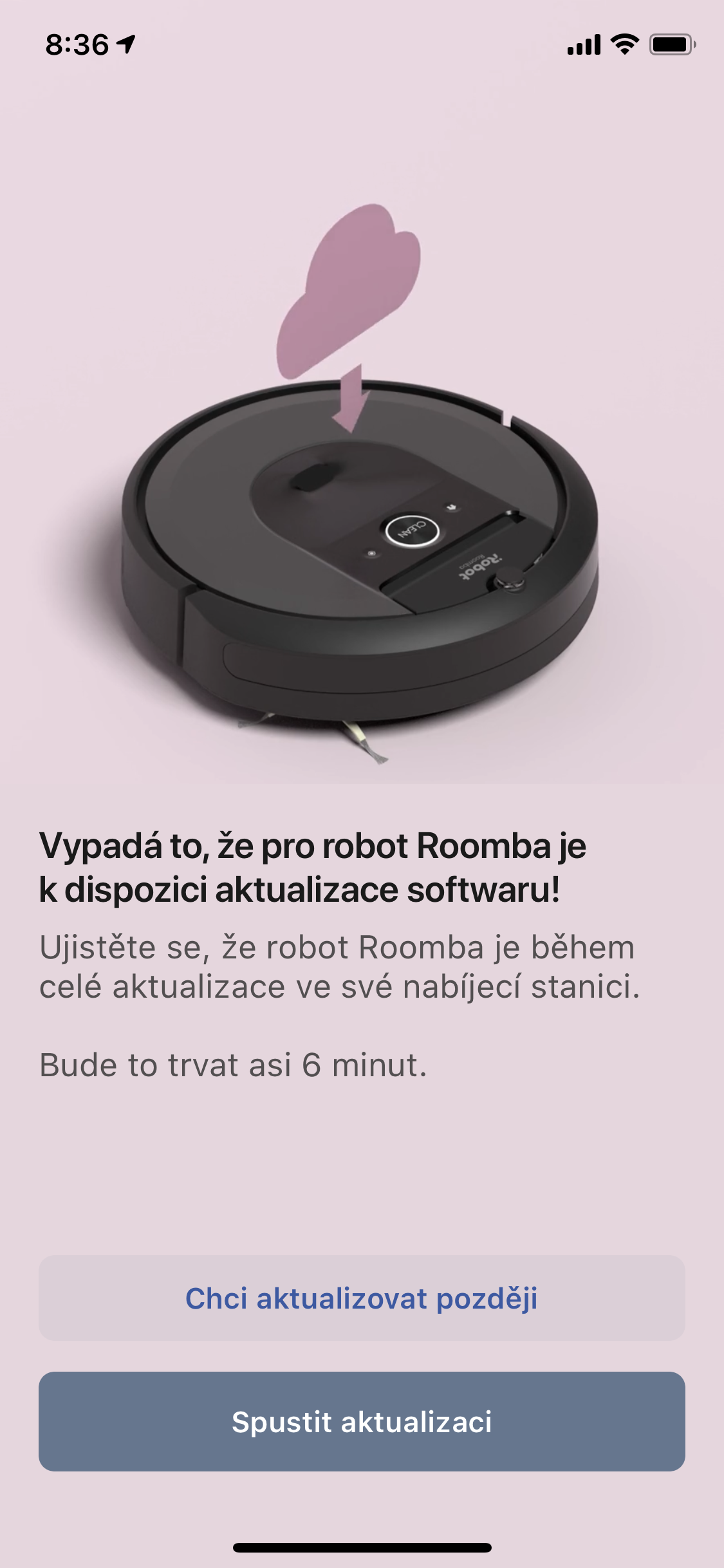 Screenshoty z aplikace pro vysavač Roomba i7+