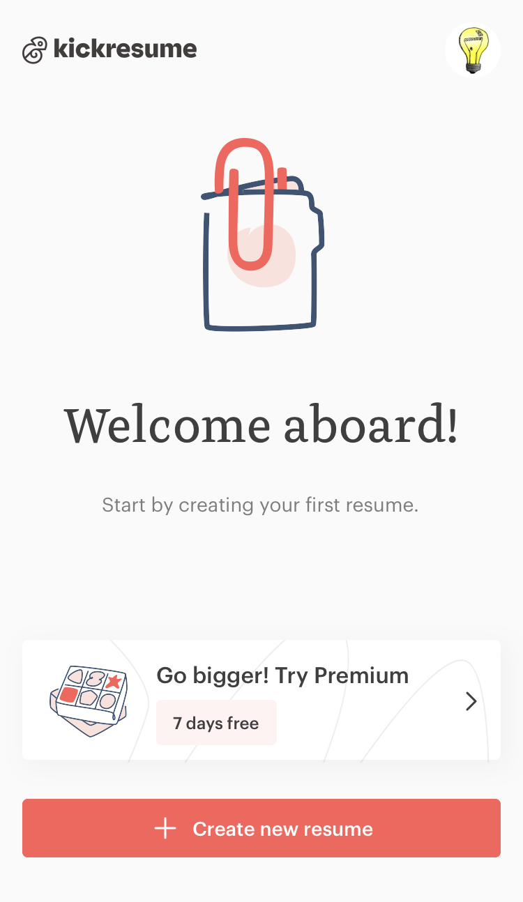 kickresume welcome screen