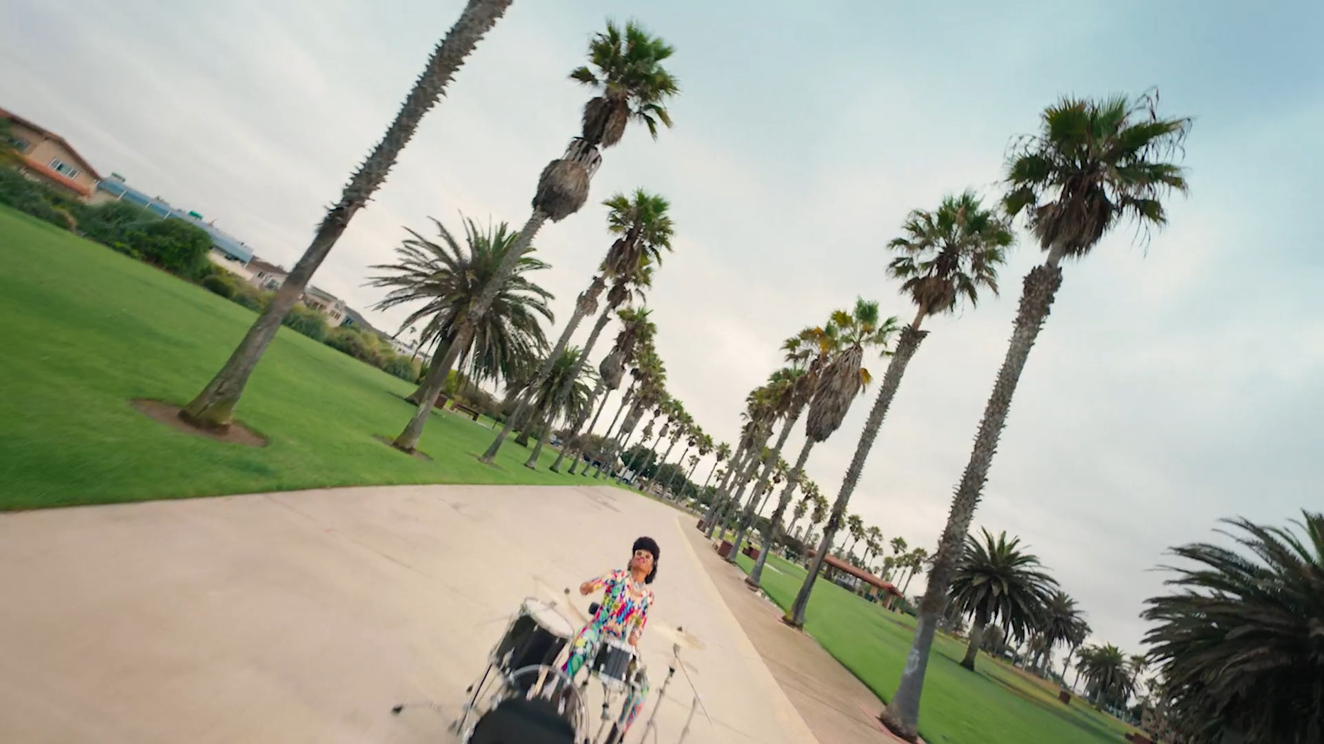 drummer on palm lined path