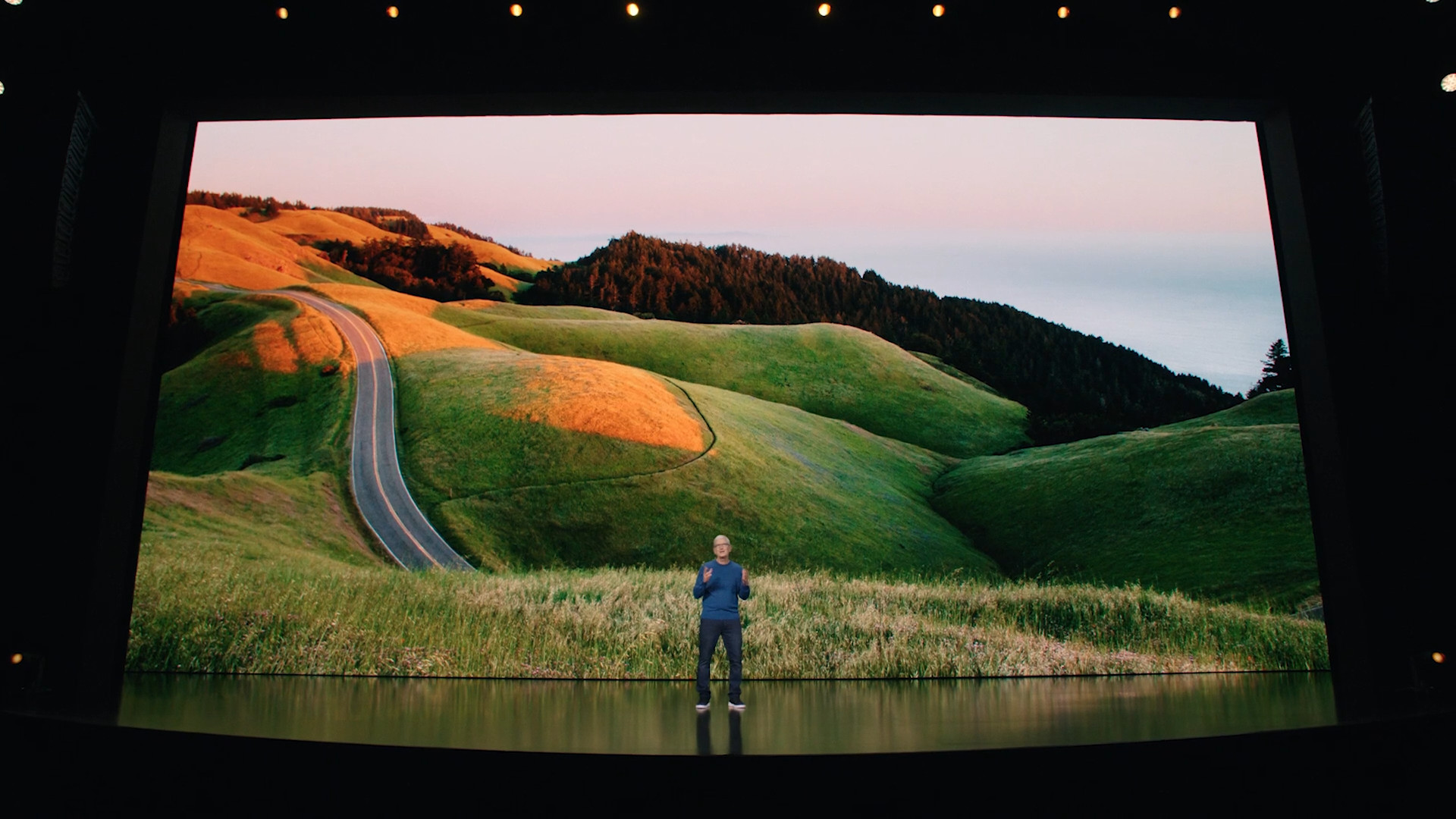 person in front of green hills