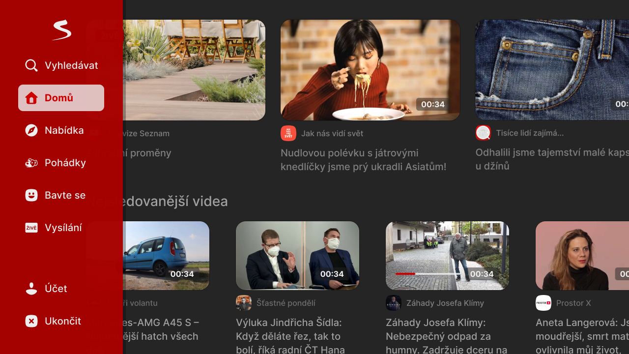 menu nove televizni aplikace seznam cz