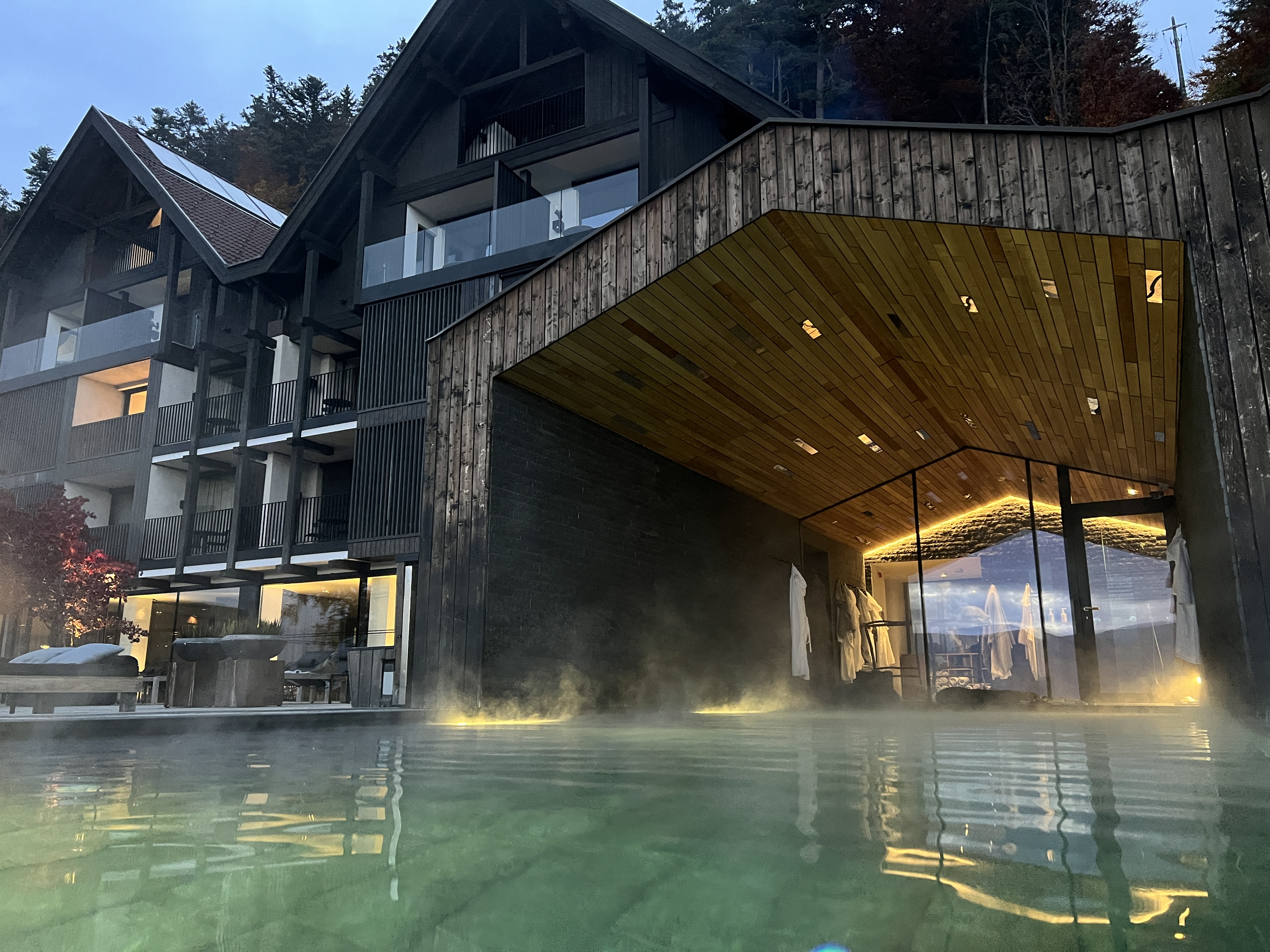 hotel exterior at dusk