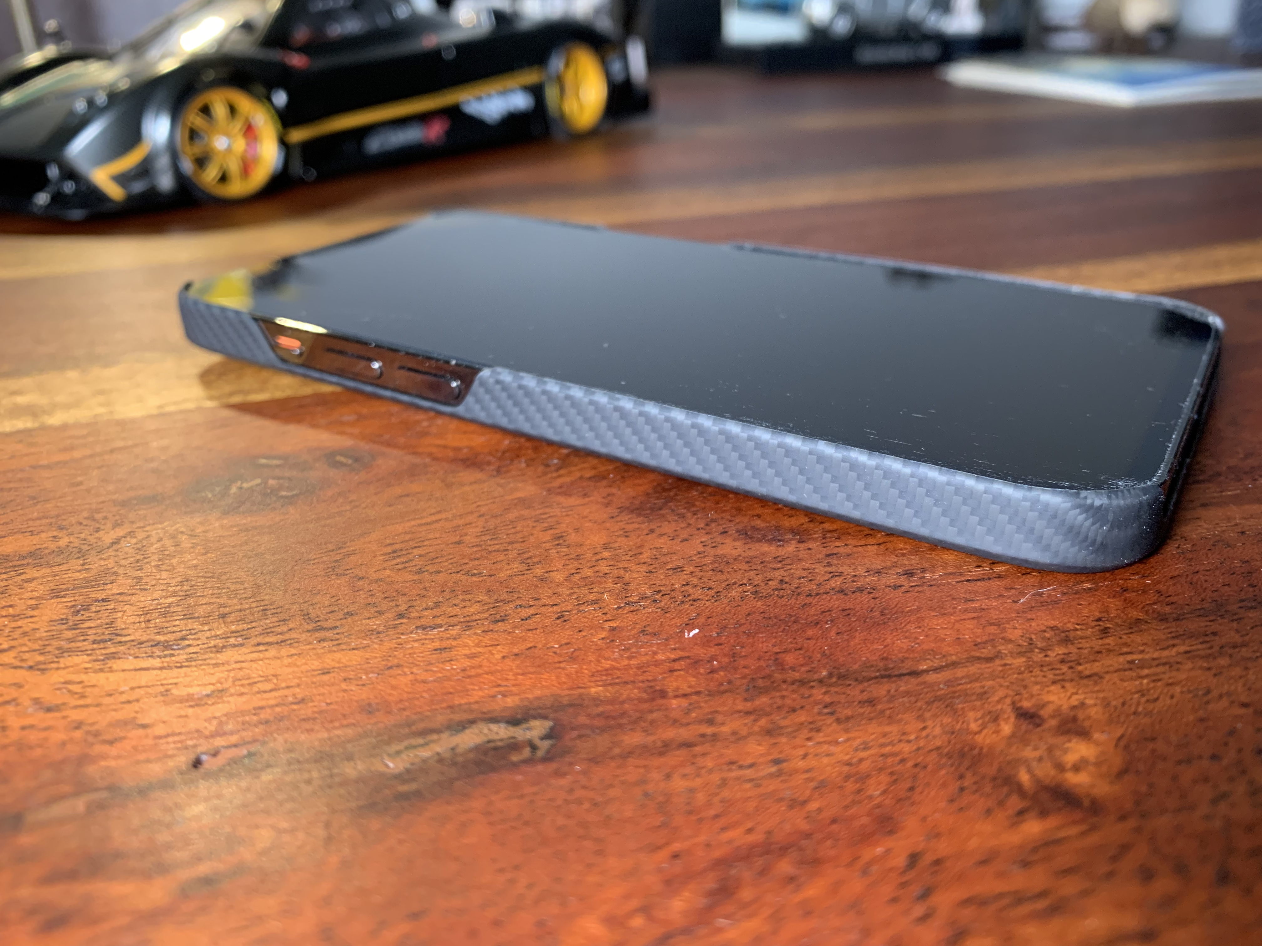 phone side view on wooden table