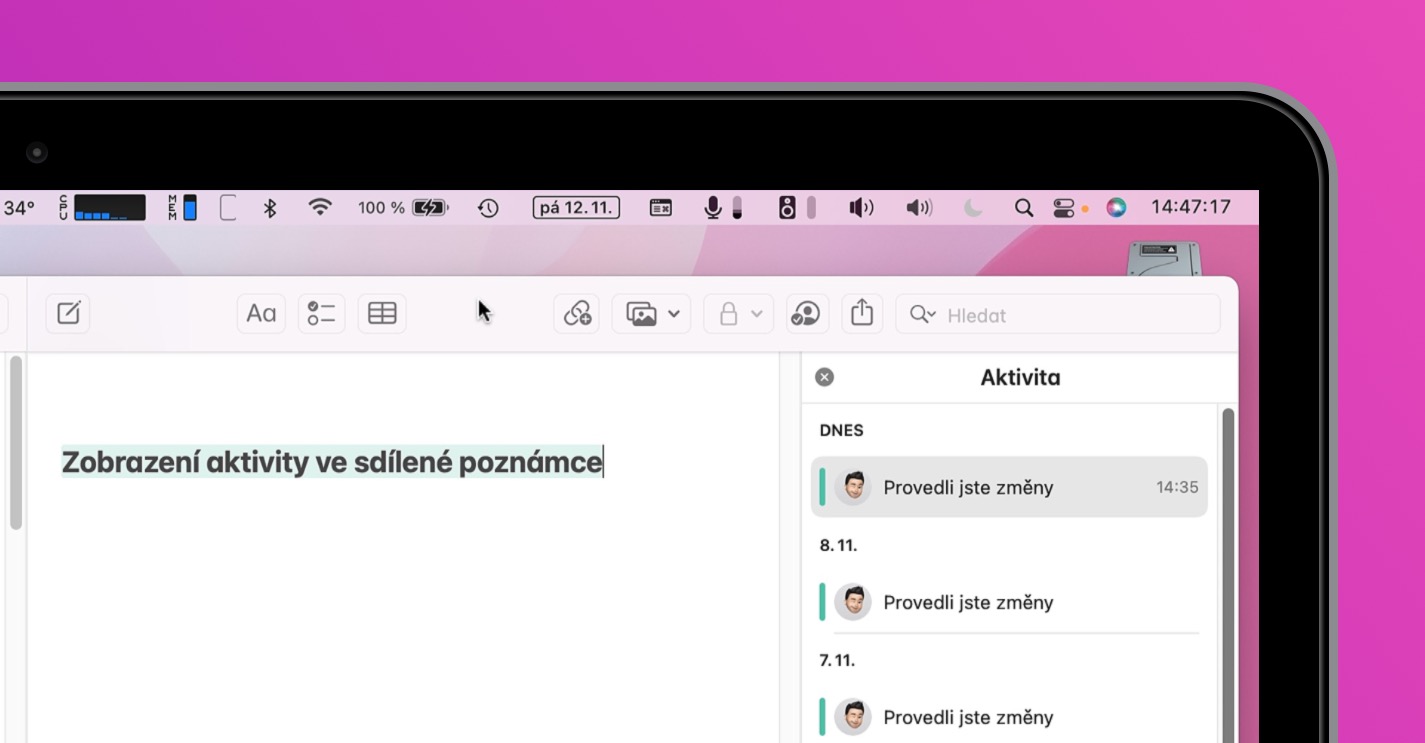 poznámky aktivita macos 12