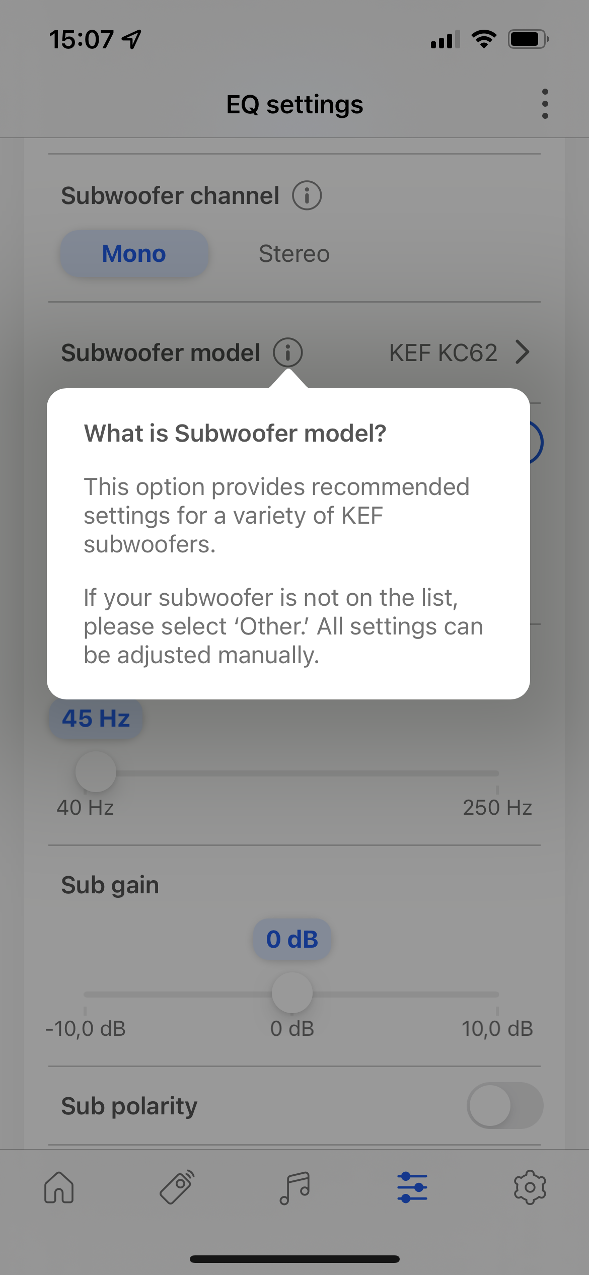 subwoofer eq settings screen