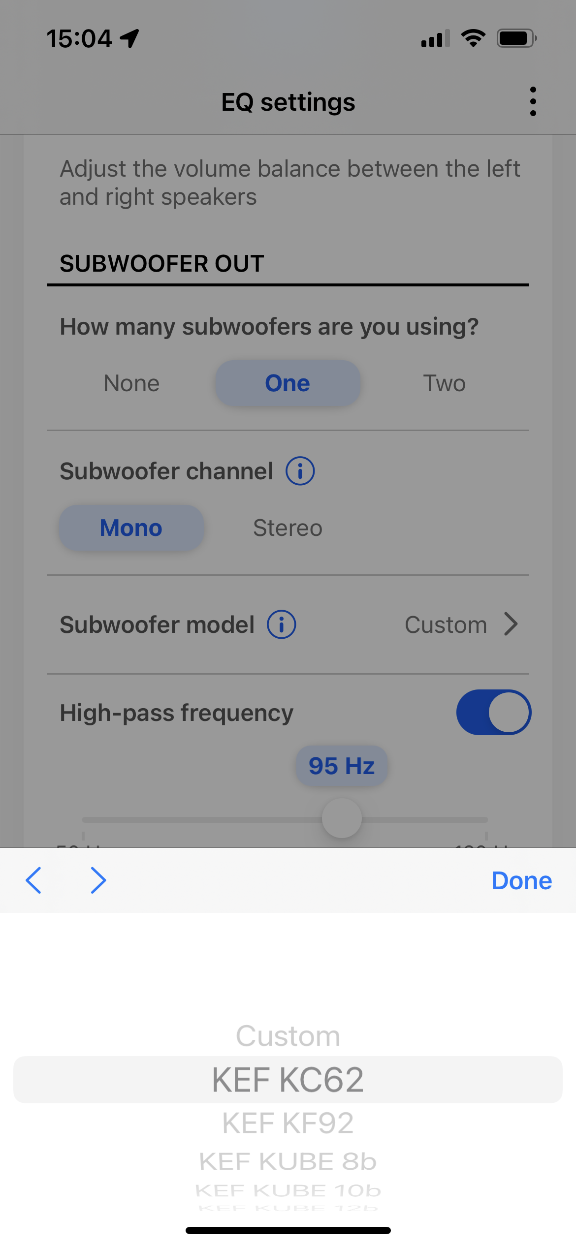subwoofer model selection screen