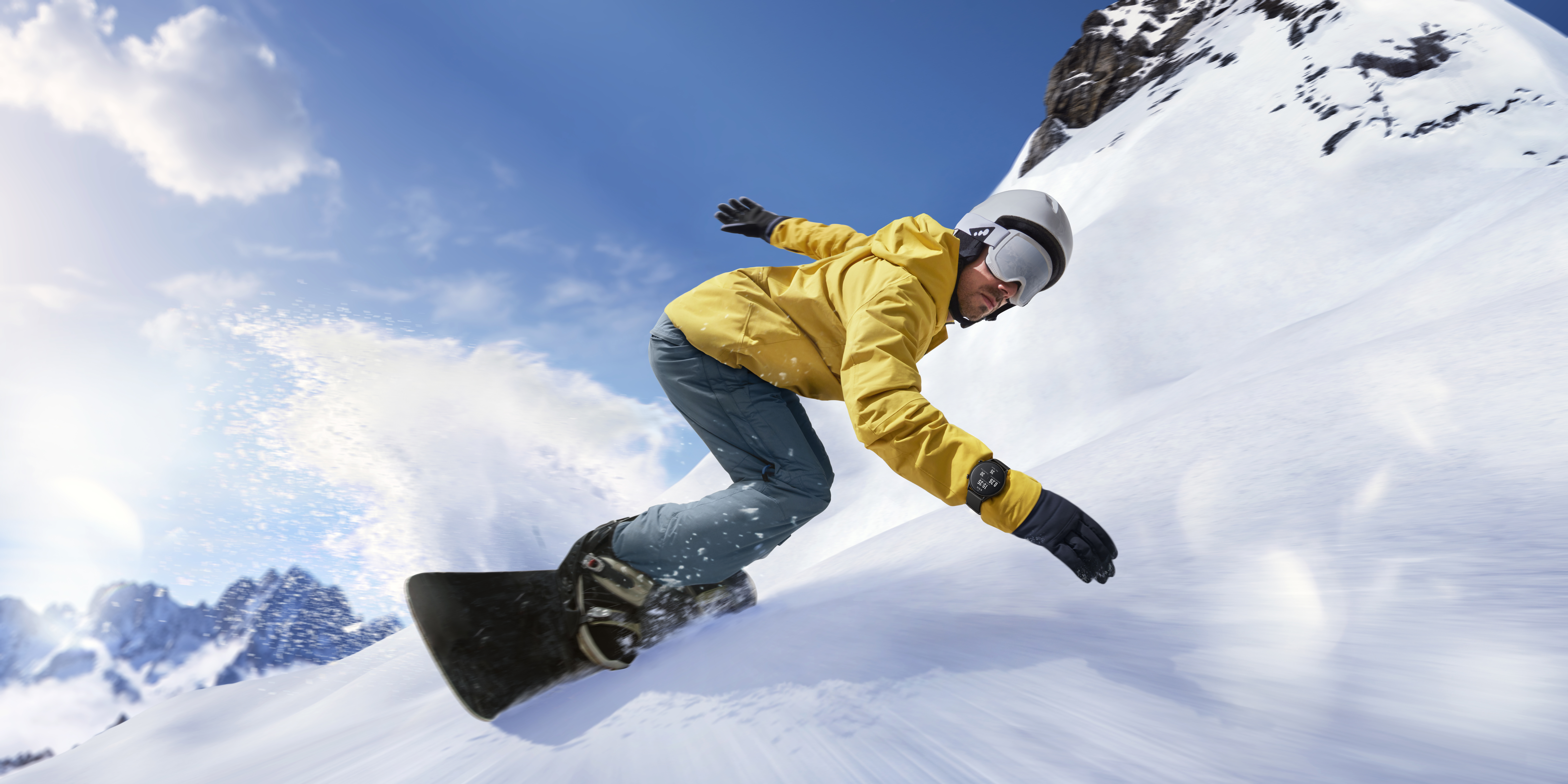 Fast Moving Snowboarder In Motion Close Up During Turn Fast Moving Snowboarder In Motion Close Up During Turn