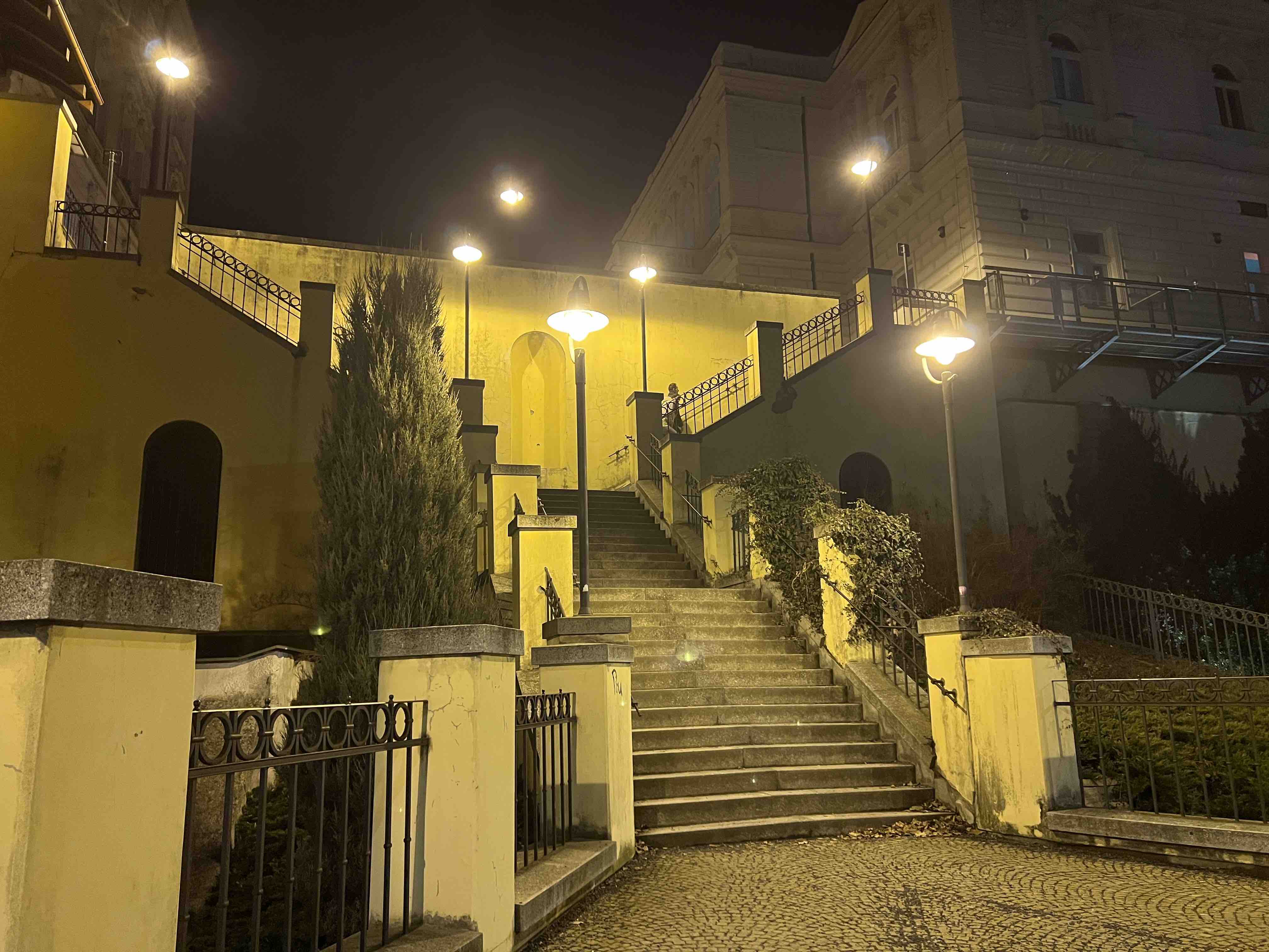 illuminated staircase at night